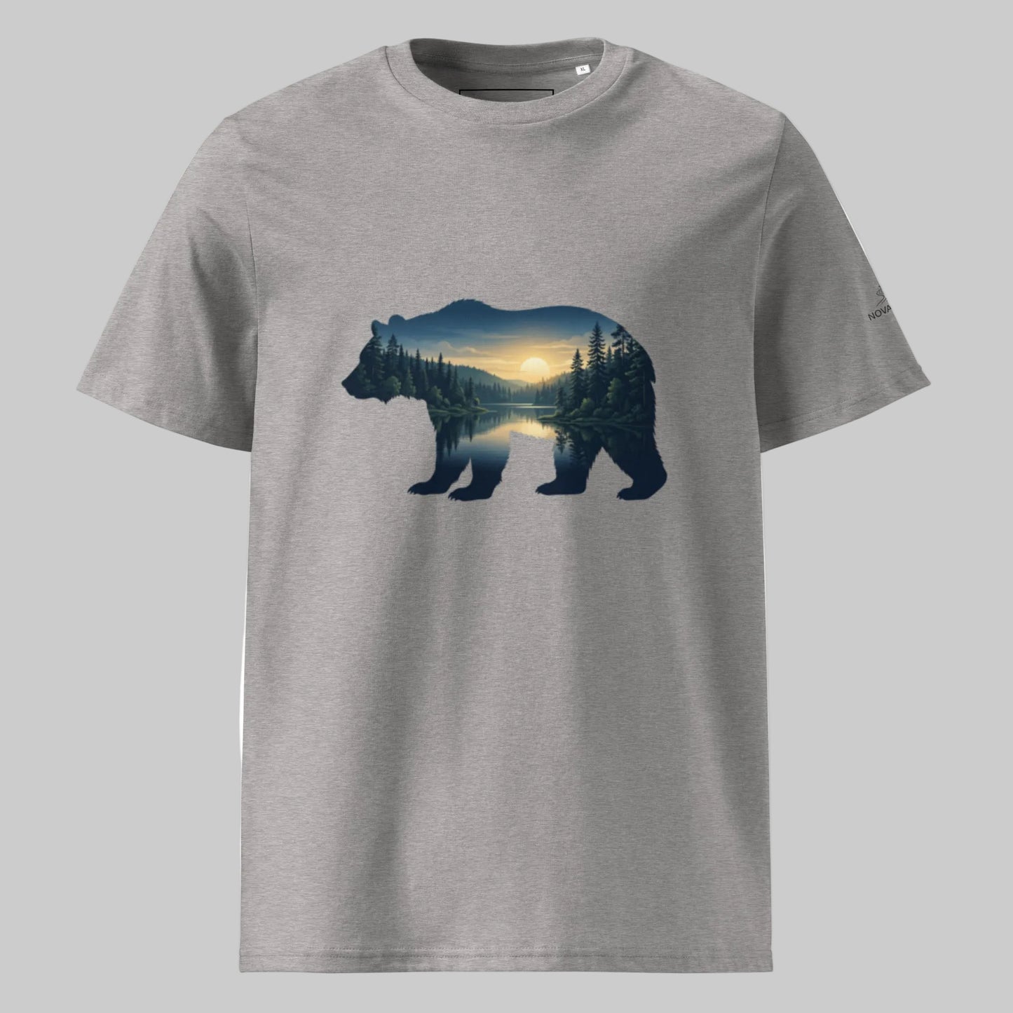 A premium grey organic cotton unisex t-shirt with a nightless night and forest lake bear silhouette graphic.