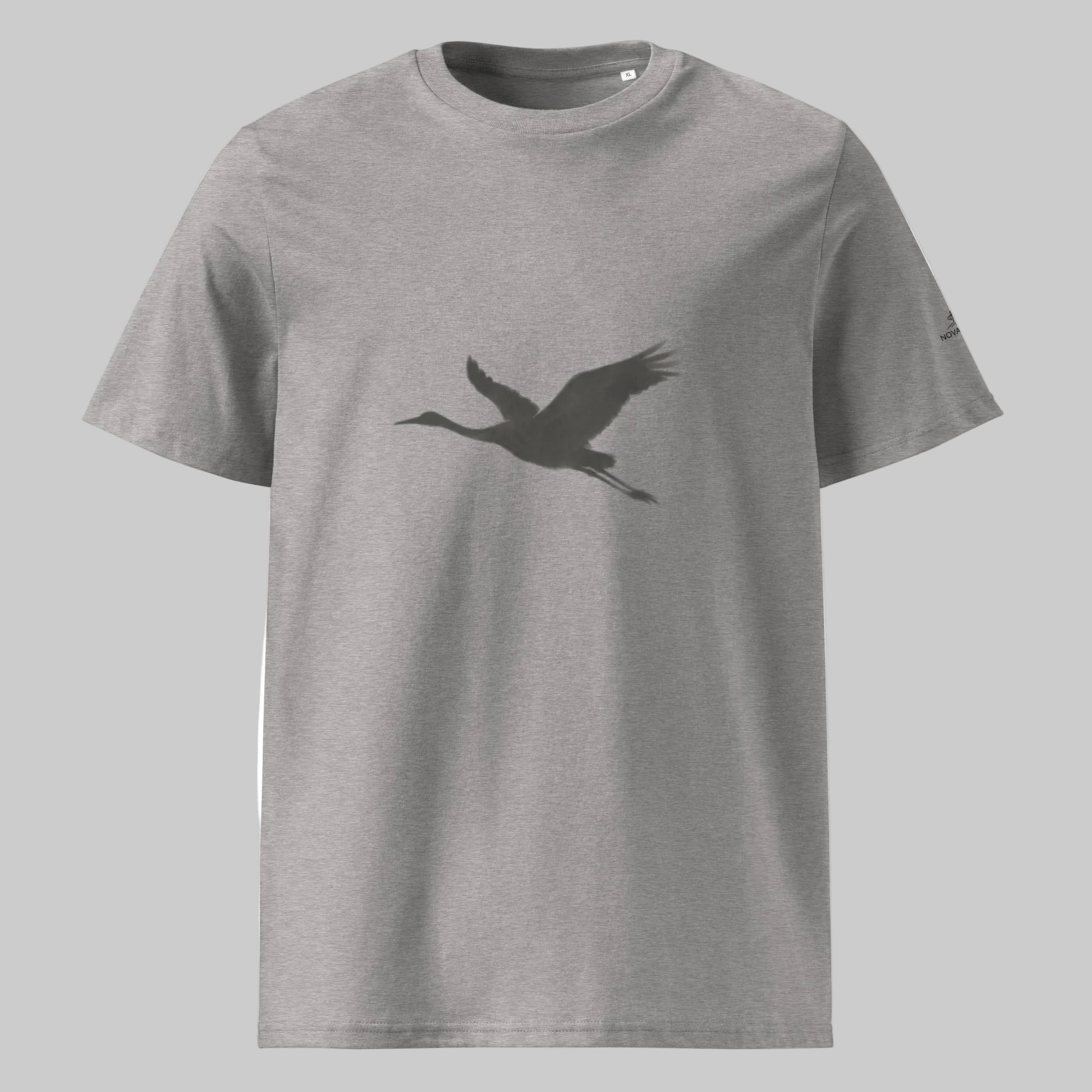Flat lay of the heather grey Novapuro soaring bird minimalist organic t-shirt.