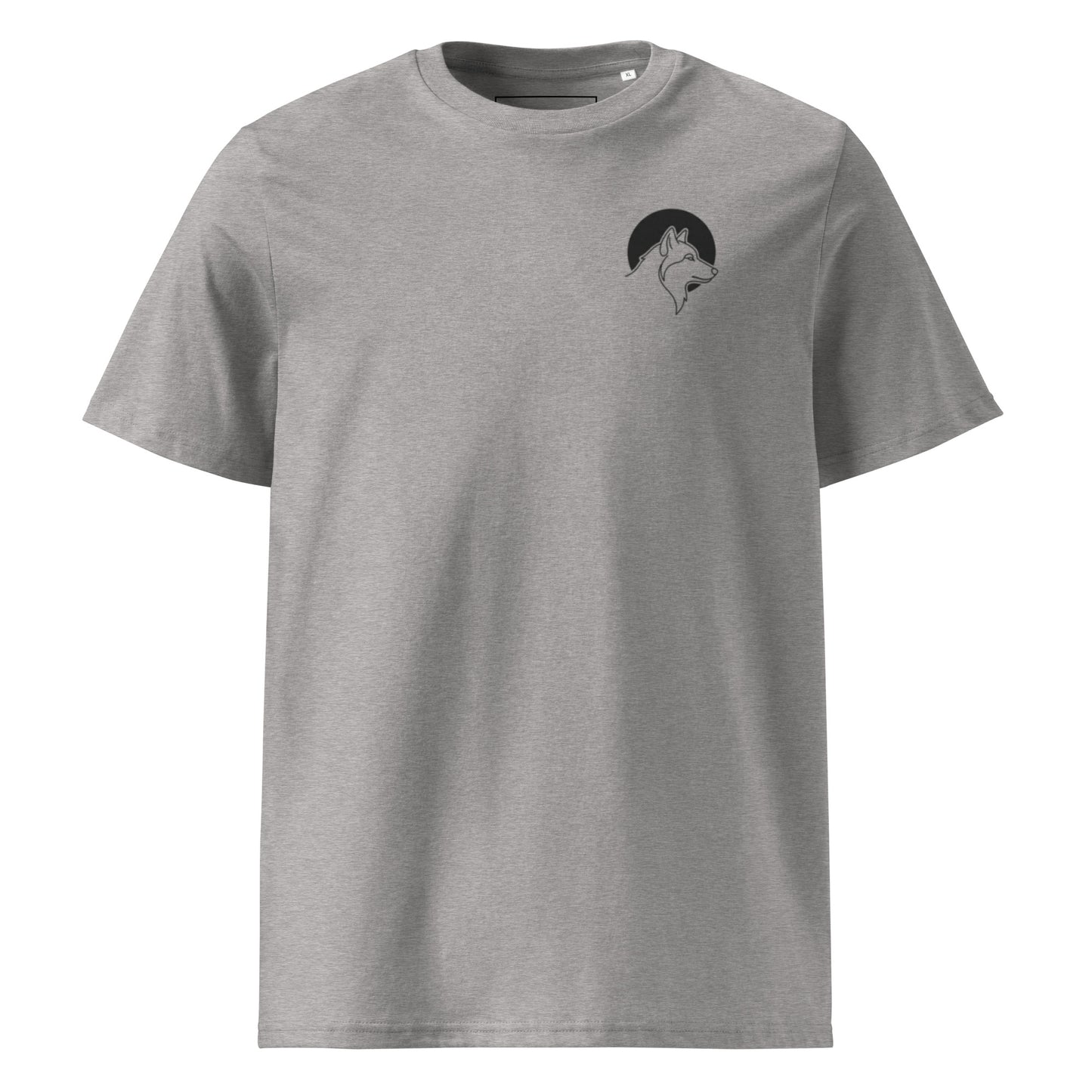 Front view of a grey sustainable organic cotton t-shirt featuring a minimalist wolf line art chest logo, representing premium Nordic design.