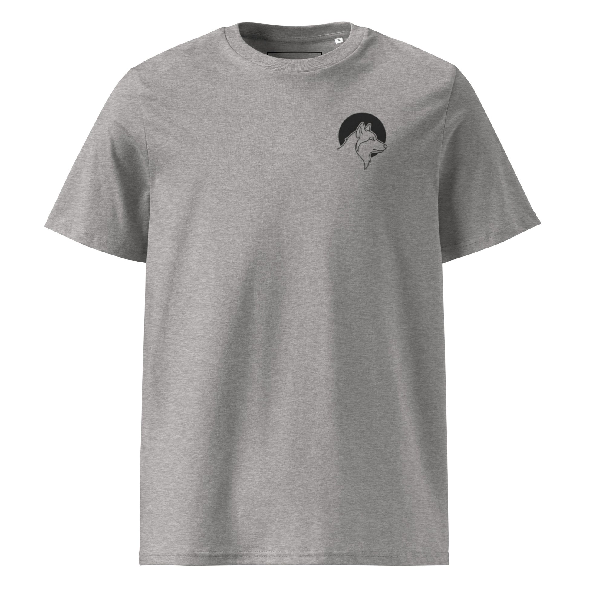Front view of a grey sustainable organic cotton t-shirt featuring a minimalist wolf line art chest logo, representing premium Nordic design.