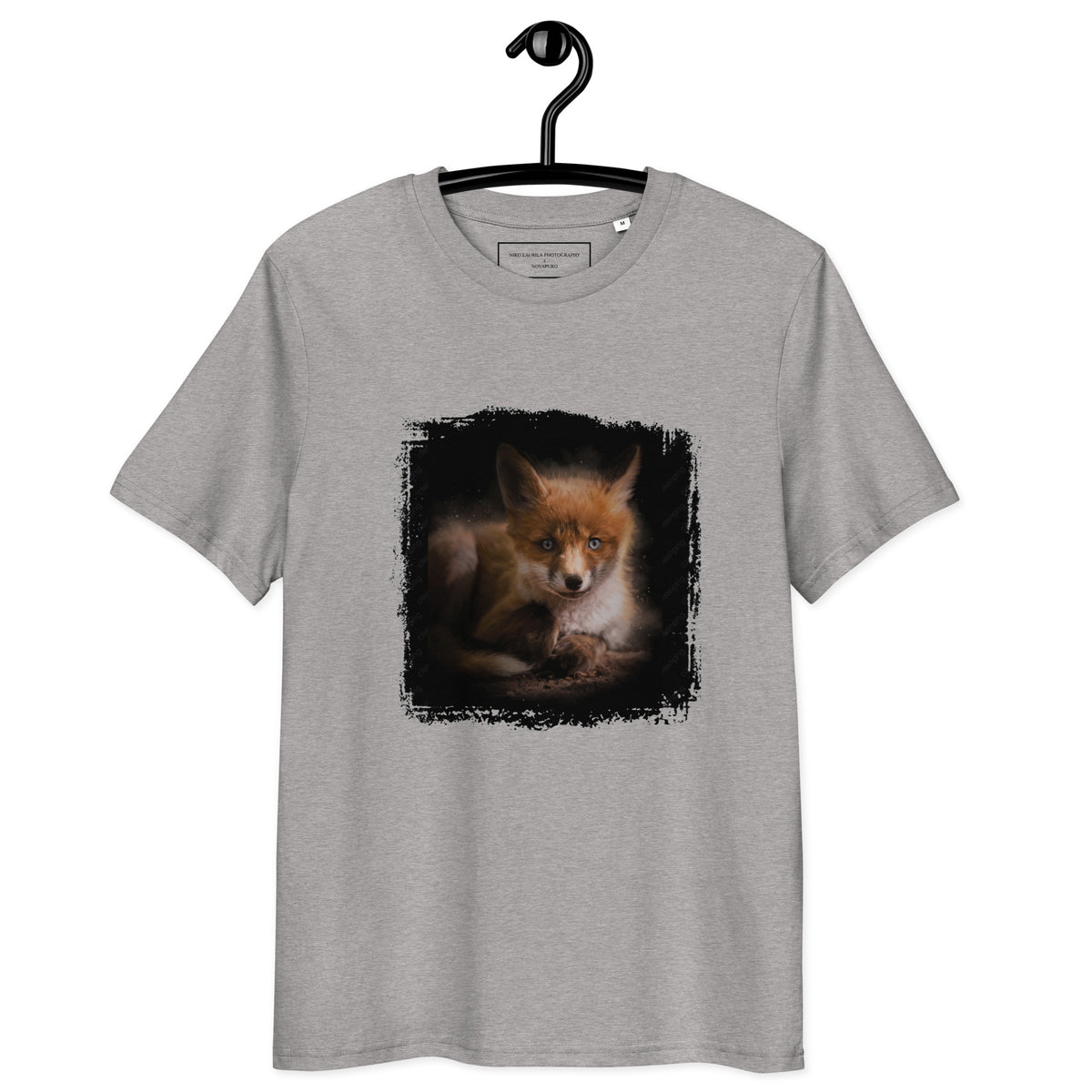 Flat lay of the Niko Laurila x Novapuro 'Wild Fox' eco-friendly unisex t-shirt in black..
