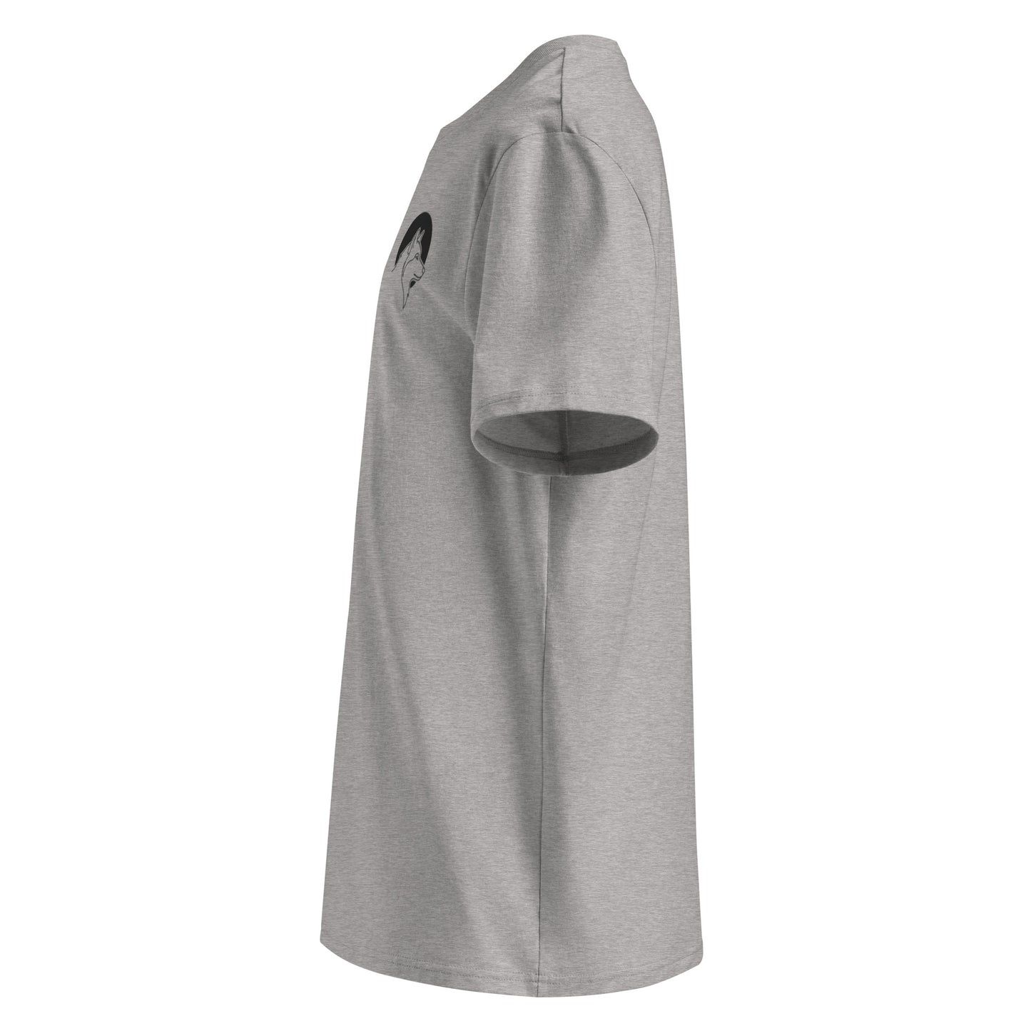 Side angle of a sustainable grey organic t-shirt highlighting the clean minimalist wolf line art logo and comfortable medium fit.