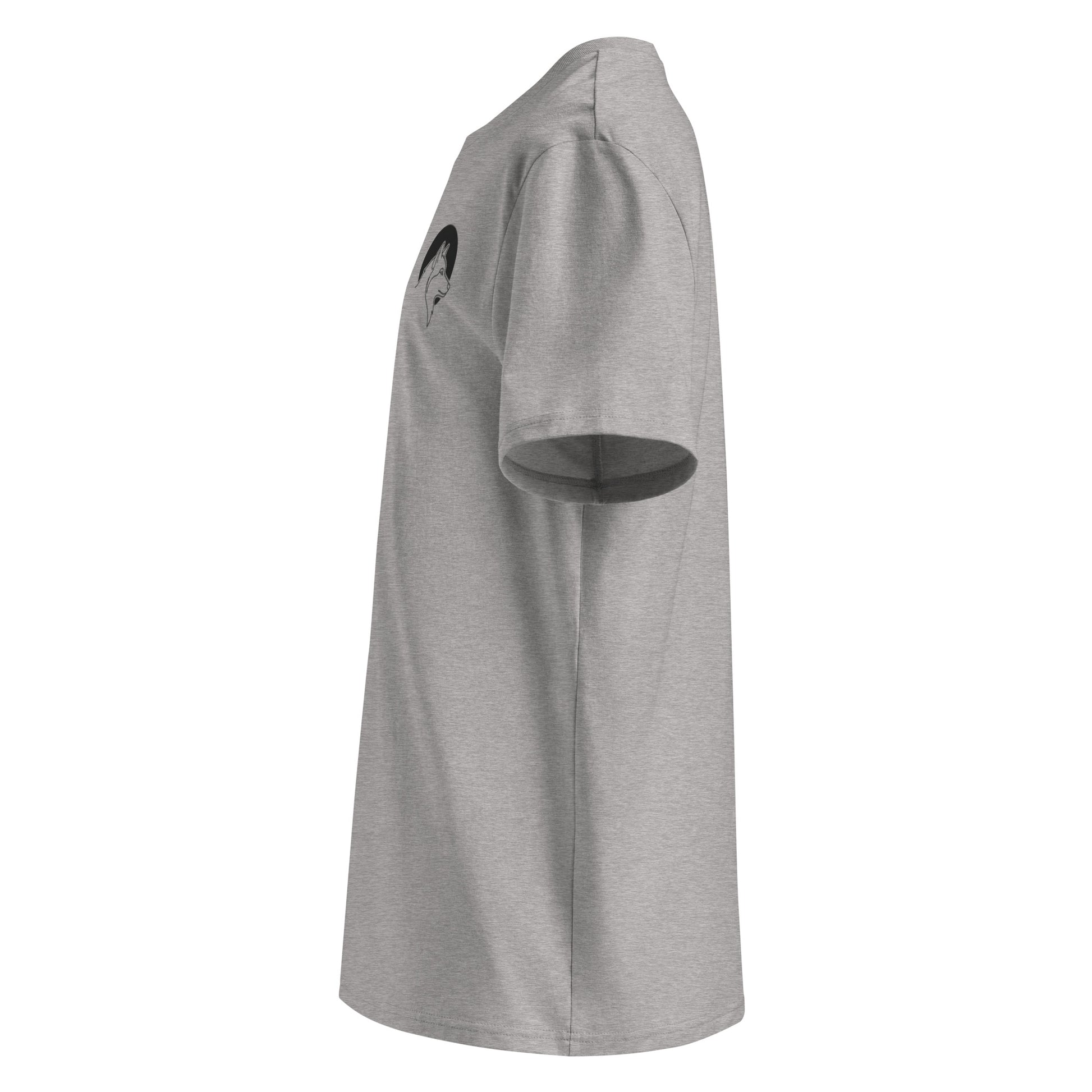 Side angle of a sustainable grey organic t-shirt highlighting the clean minimalist wolf line art logo and comfortable medium fit.