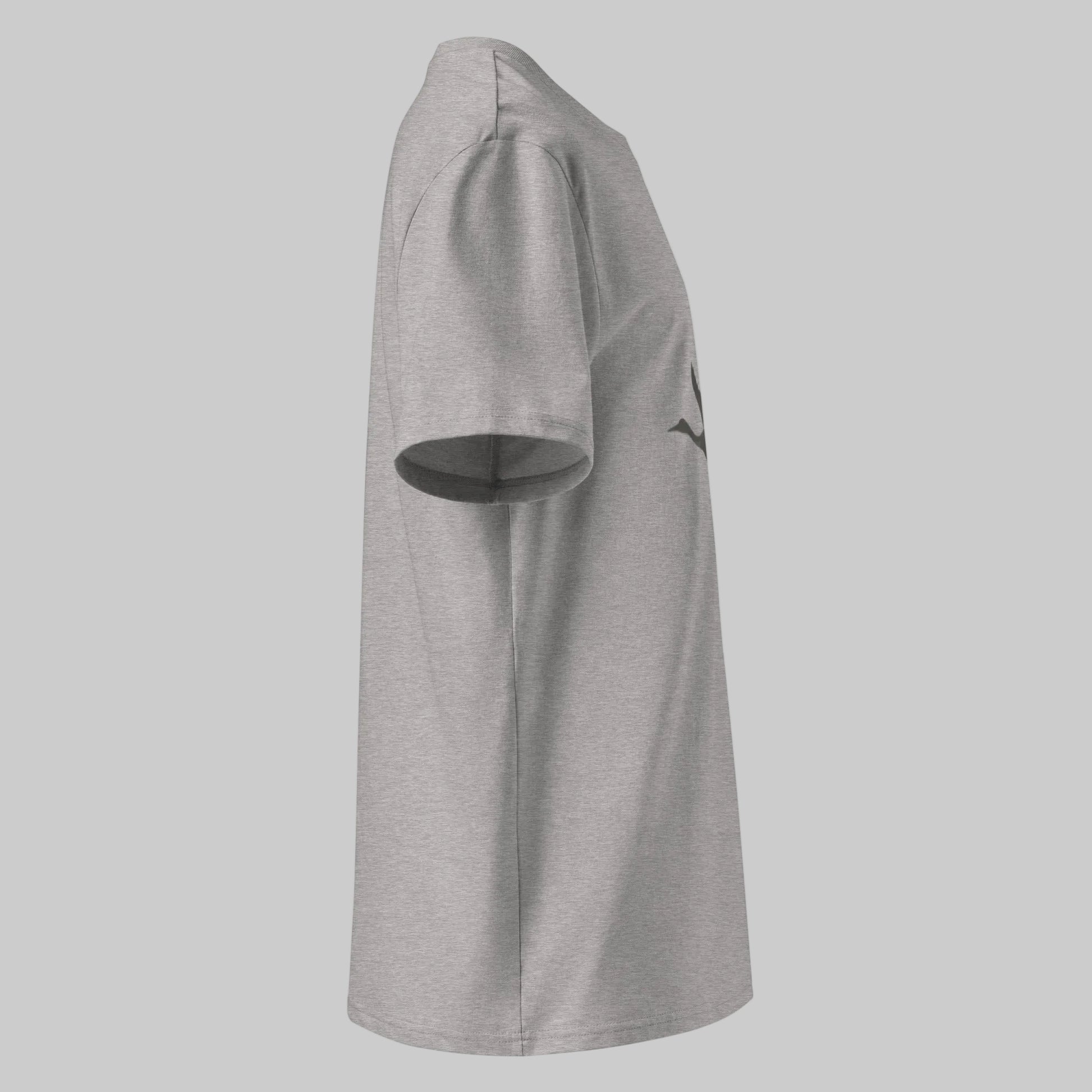 Flat lay of the heather grey Novapuro soaring bird minimalist organic t-shirt.