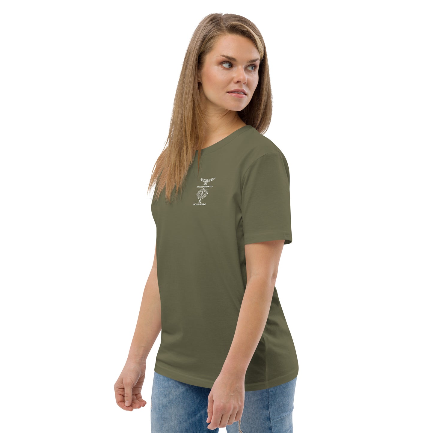 Front view of a khaki organic t-shirt with a detailed Long-eared Owl wildlife stippling art print.