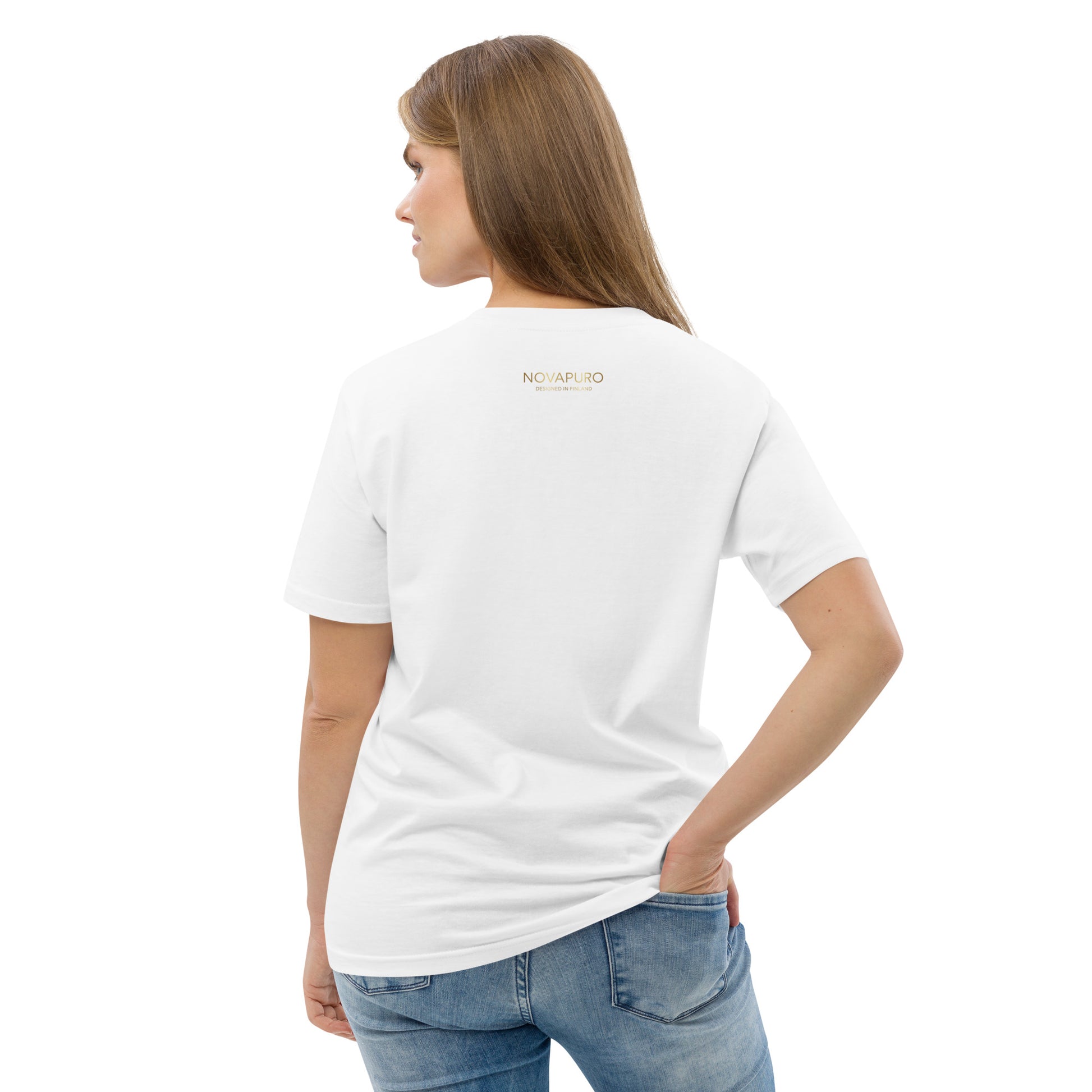 Close-up of the continuous line art camping and starry night graphic on the premium white organic cotton t-shirt.