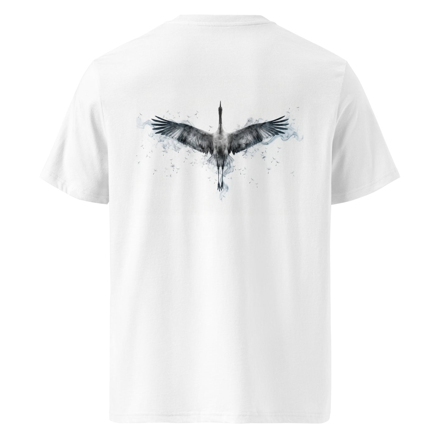 Flat lay of a white organic cotton t-shirt featuring a Nordic minimalist flight of the crane graphic on the back.