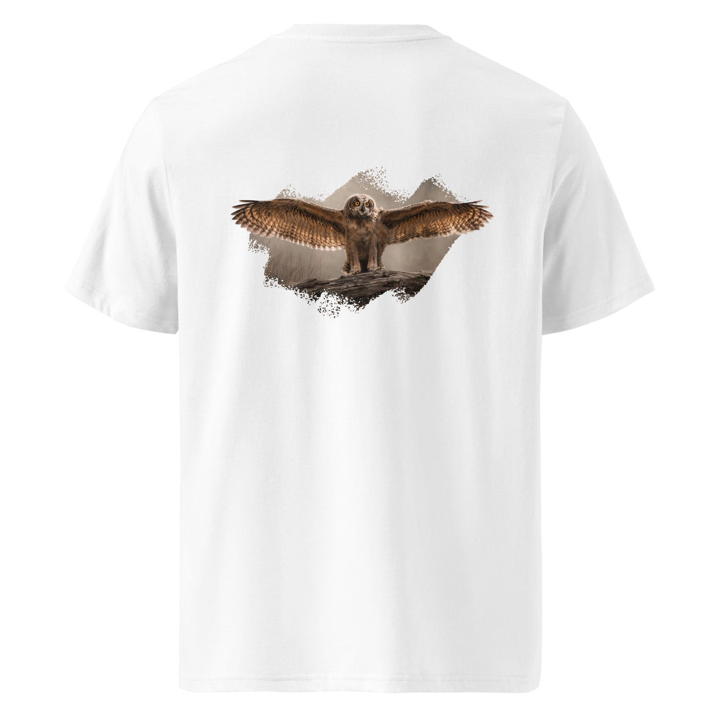 Back view of the white Novapuro organic cotton t-shirt featuring an authentic Eurasian Eagle-Owl fledgling wildlife illustration by Jarno Virtanen
