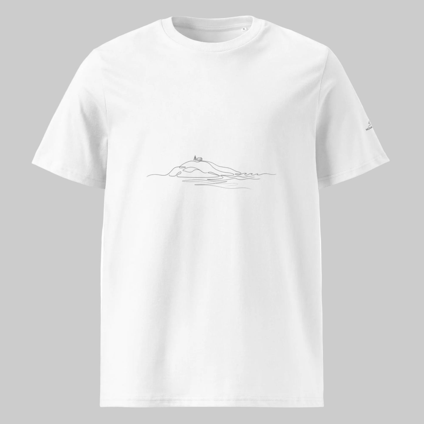 Model wearing the crisp White Novapuro Archipelago Breeze organic cotton t-shirt with minimalist line art