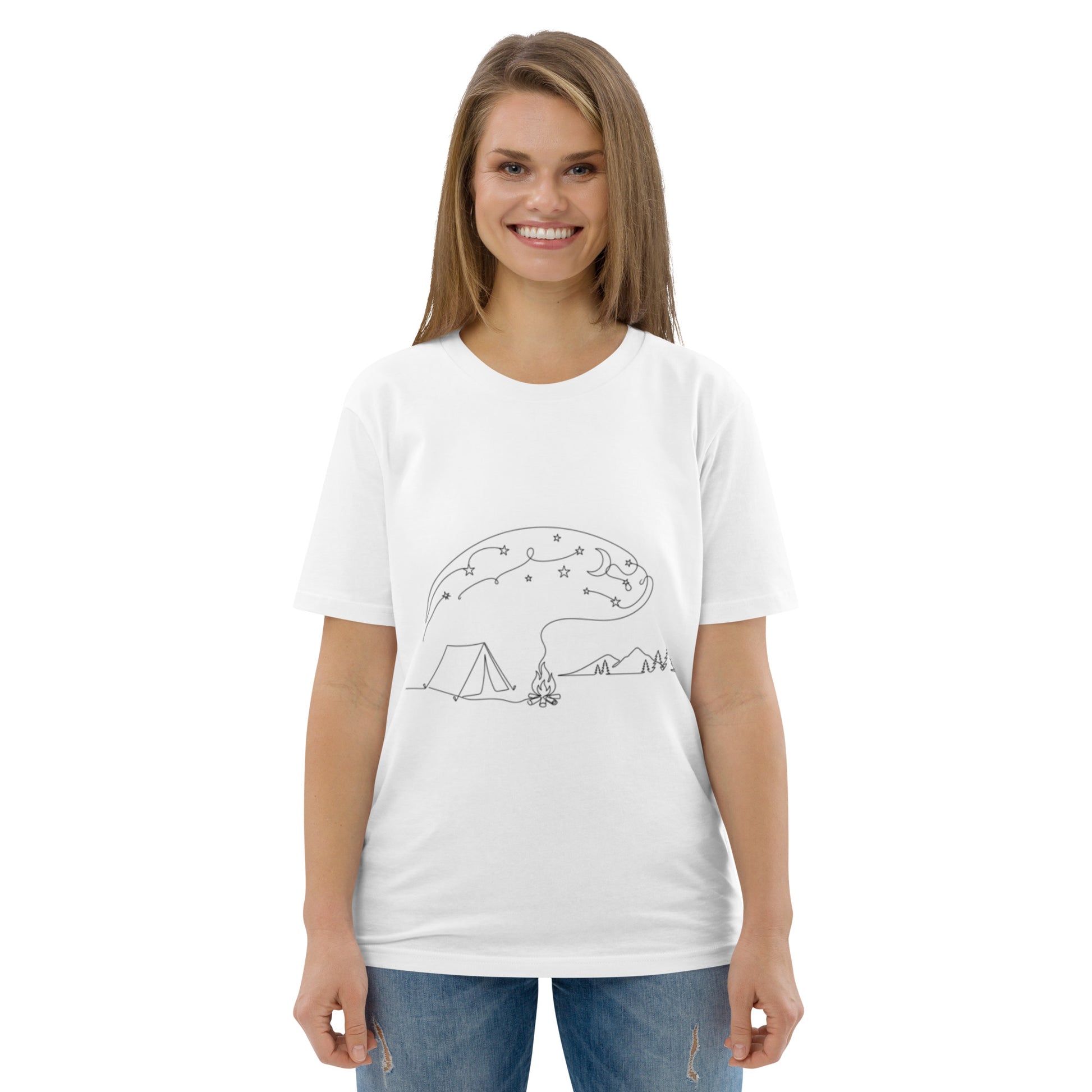 Find peace under the stars with the Novapuro Starry Night Campfire organic t-shirt. A premium, eco-friendly white tee featuring minimalist camping line art.