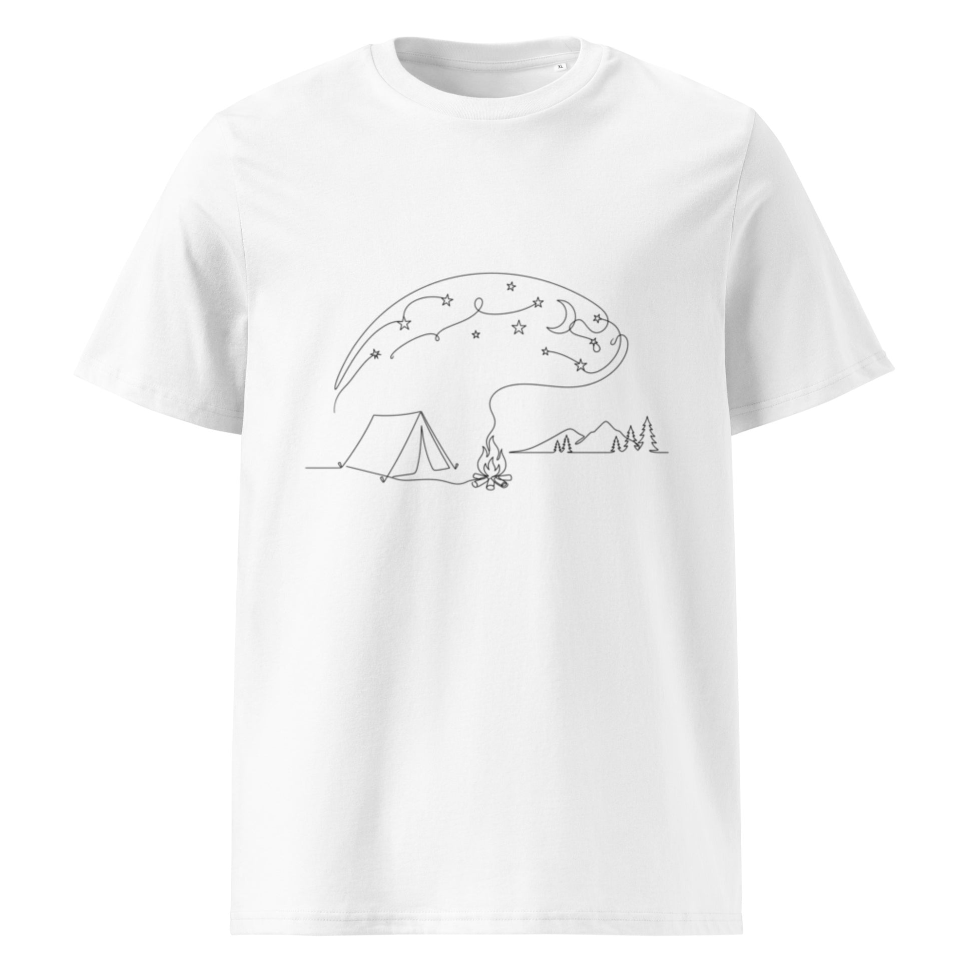 Close-up of the continuous line art camping and starry night graphic on the premium white organic cotton t-shirt.