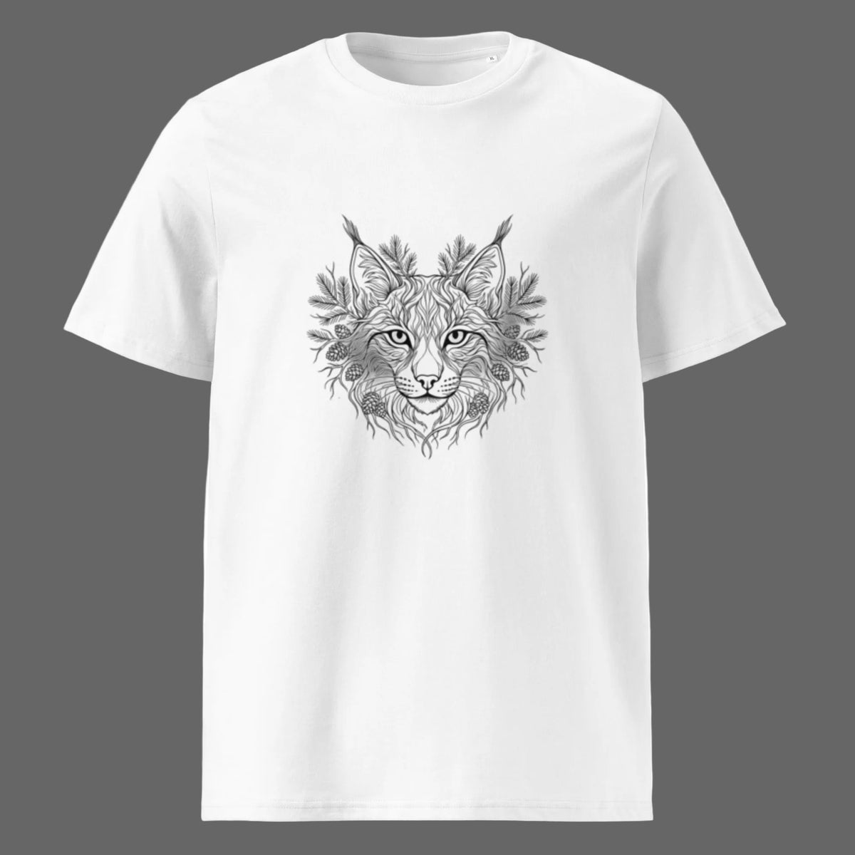 Front view of the minimalist organic cotton t-shirt featuring a detailed Nordic lynx graphic for comfortable everyday wear.