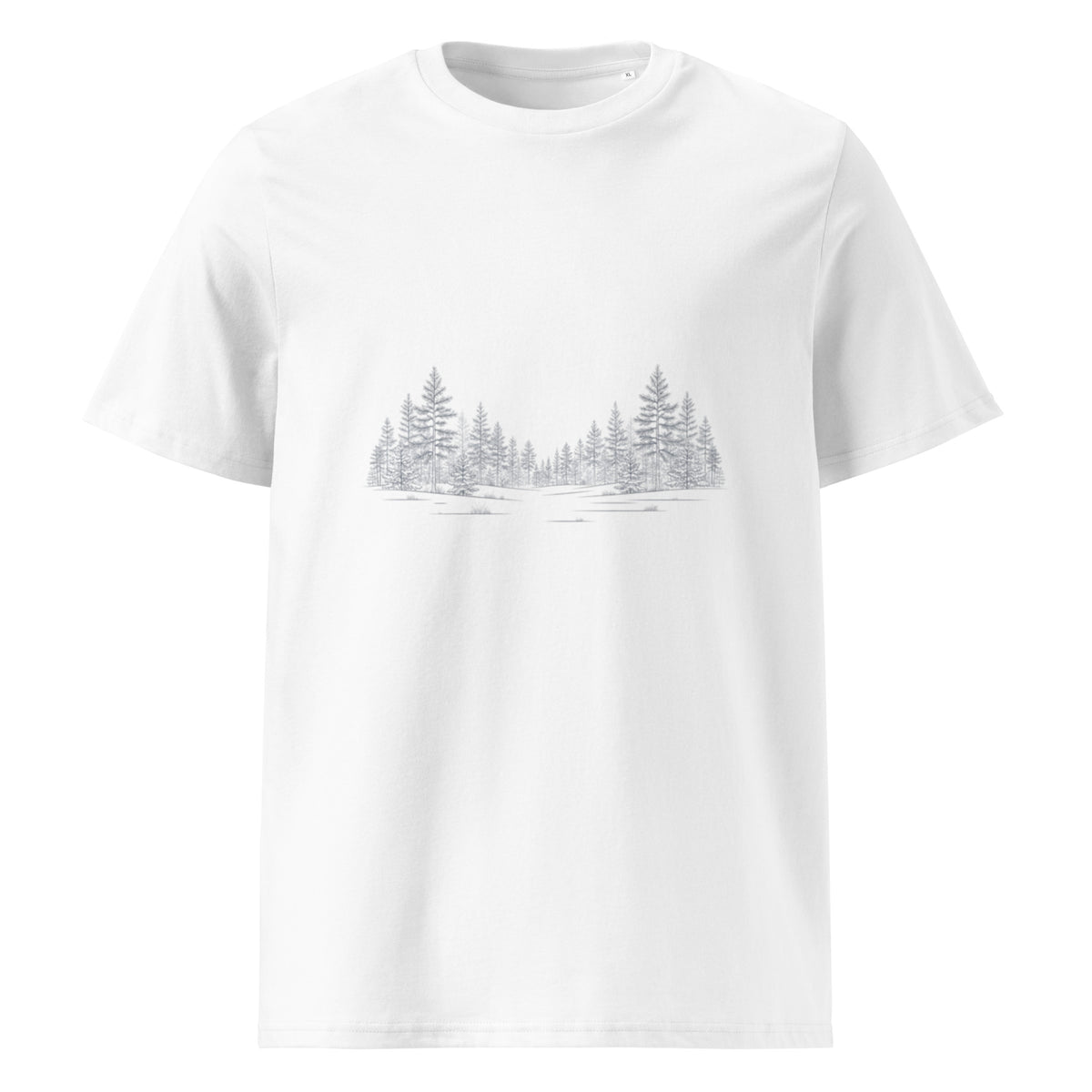 Sustainable white organic cotton t-shirt with minimalist Nordic pine forest graphic by Novapuro.