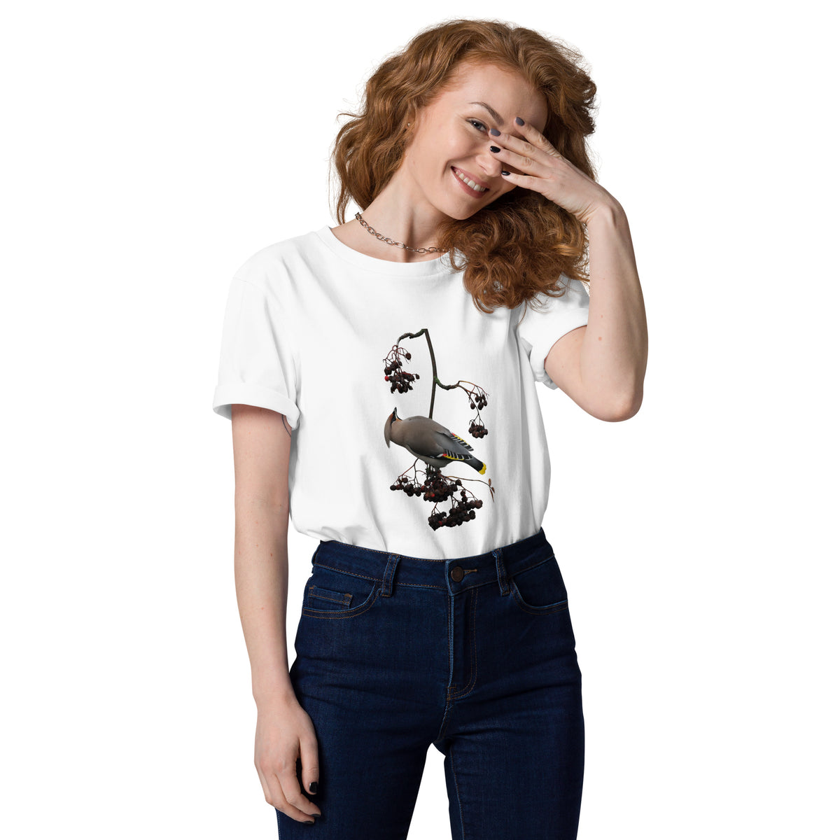 Premium organic cotton t-shirt in white featuring a fine art nature photograph of a Nordic Bohemian waxwing from the Tarja x Novapuro collection.