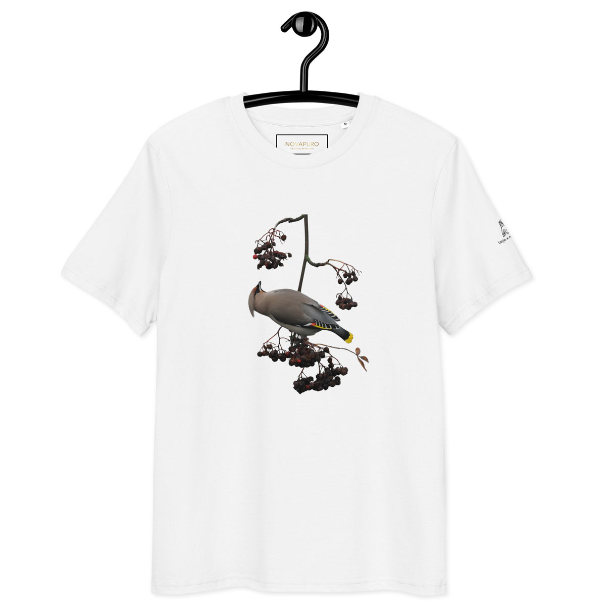 Premium organic cotton t-shirt in white featuring a fine art nature photograph of a Nordic Bohemian waxwing from the Tarja x Novapuro collection.