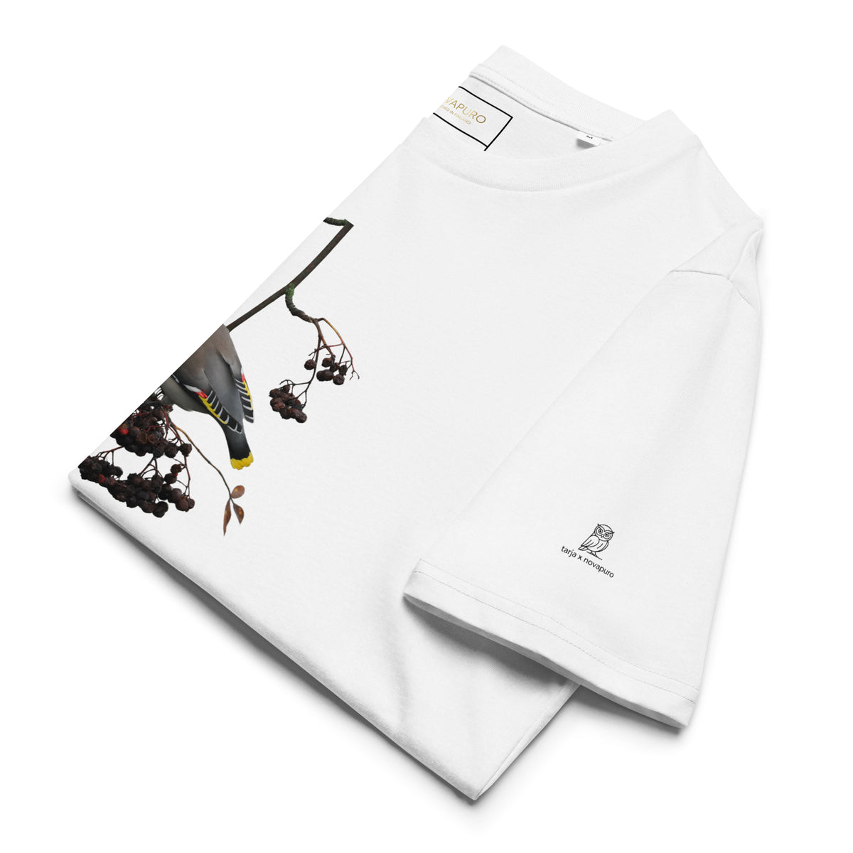 Premium organic cotton t-shirt in white featuring a fine art nature photograph of a Nordic Bohemian waxwing from the Tarja x Novapuro collection.