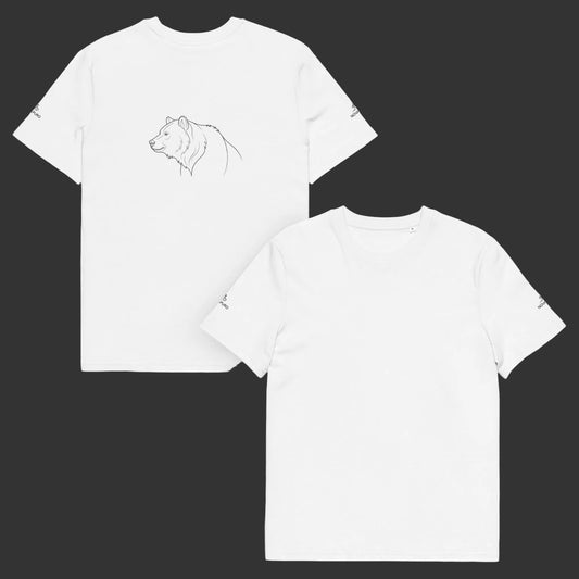 A premium heavy white organic cotton t-shirt featuring a black line art drawing of a Nordic bear on the back and brand logos on the sleeves.