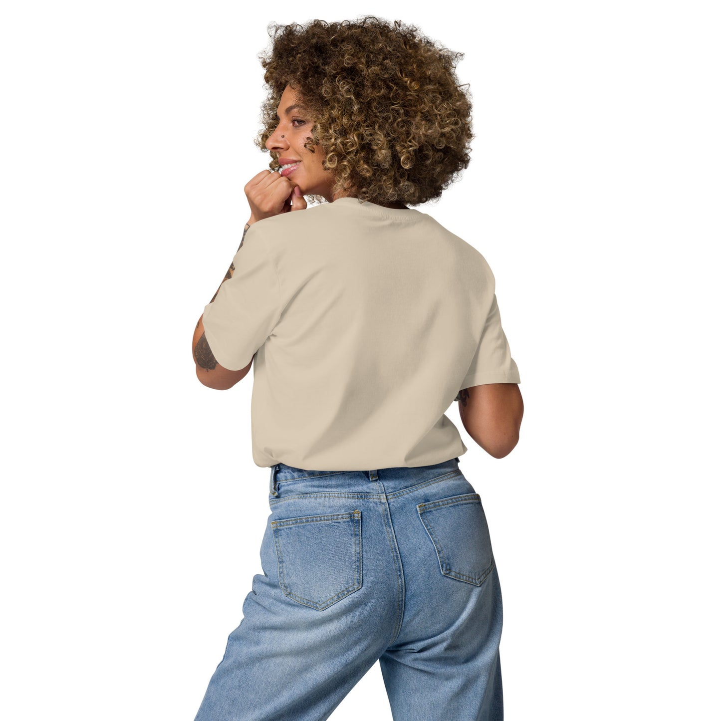 A minimalist Novapuro logo showing brown hands holding a green tree sapling on a sand-colored organic cotton t-shirt.