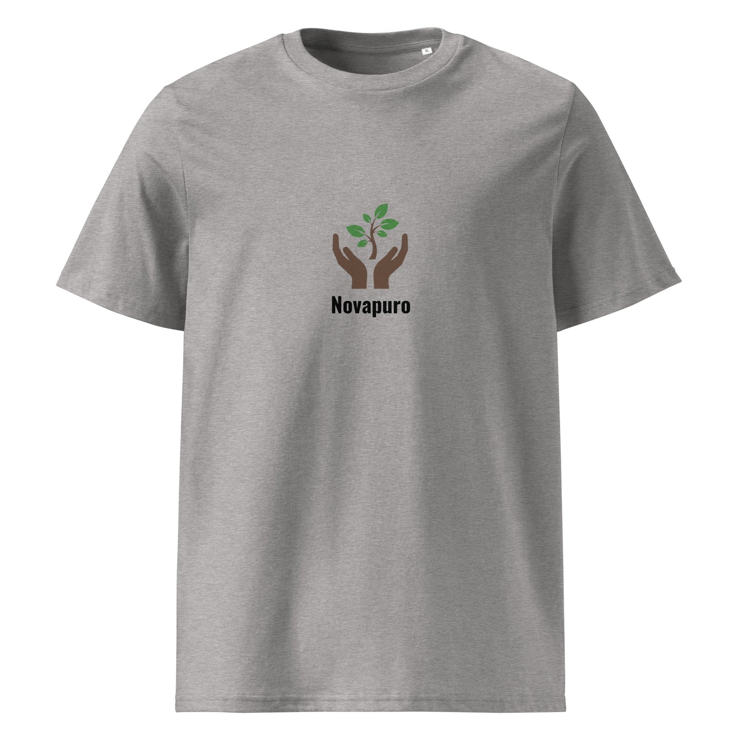A minimalist Novapuro logo showing brown hands holding a green tree sapling on a sand-colored organic cotton t-shirt.