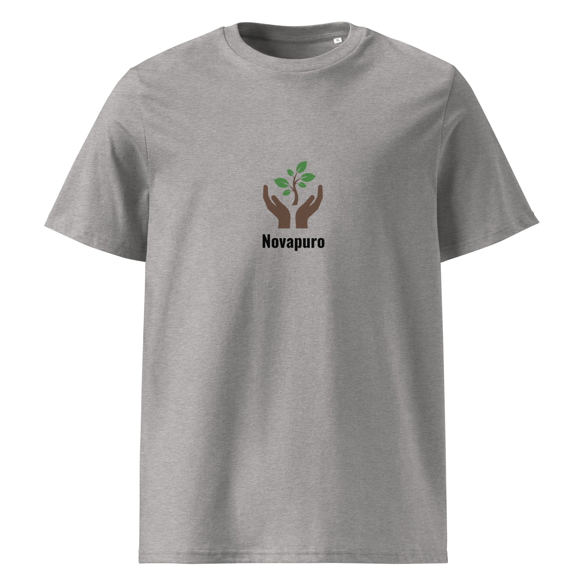 A minimalist Novapuro logo showing brown hands holding a green tree sapling on a sand-colored organic cotton t-shirt.
