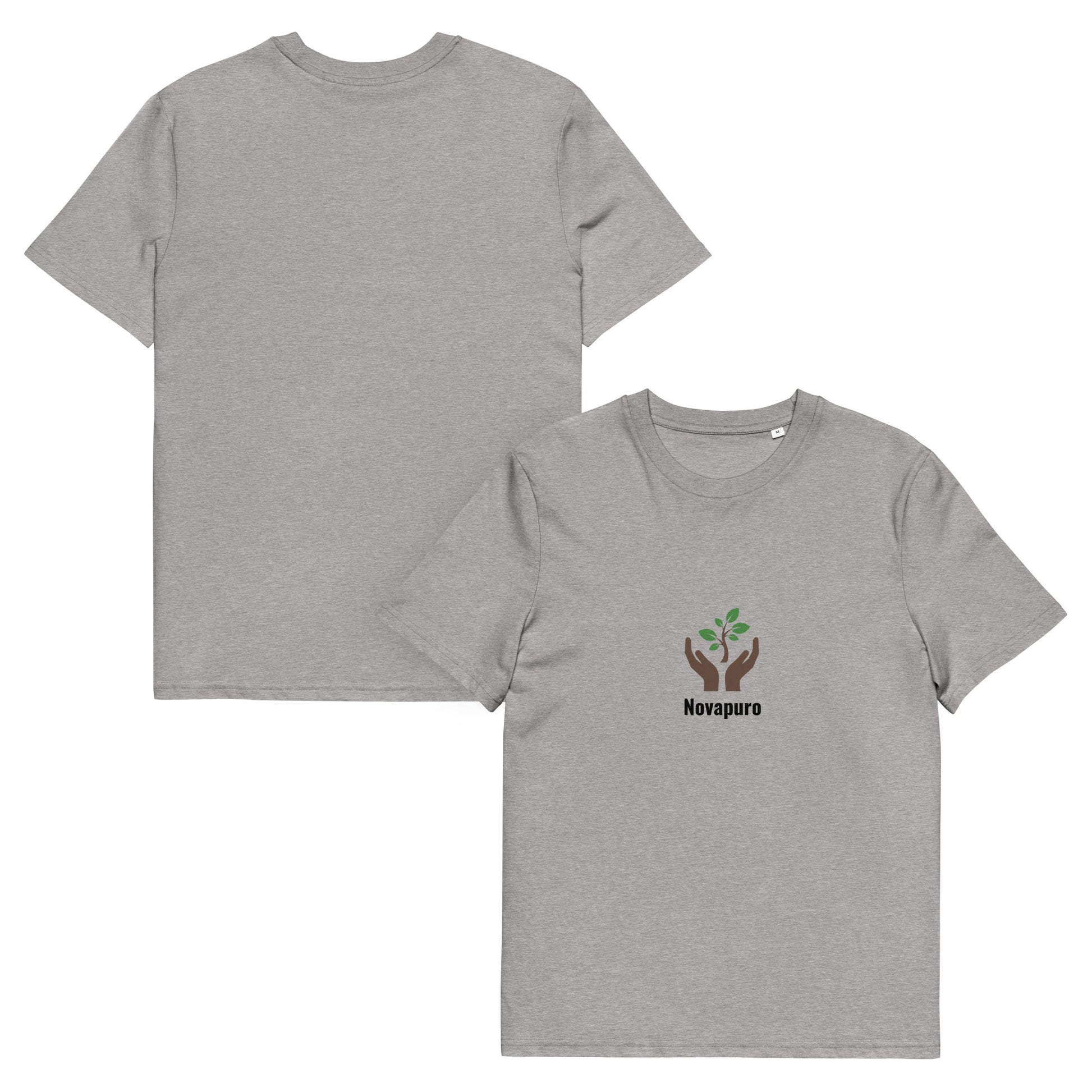 A minimalist Novapuro logo showing brown hands holding a green tree sapling on a sand-colored organic cotton t-shirt.