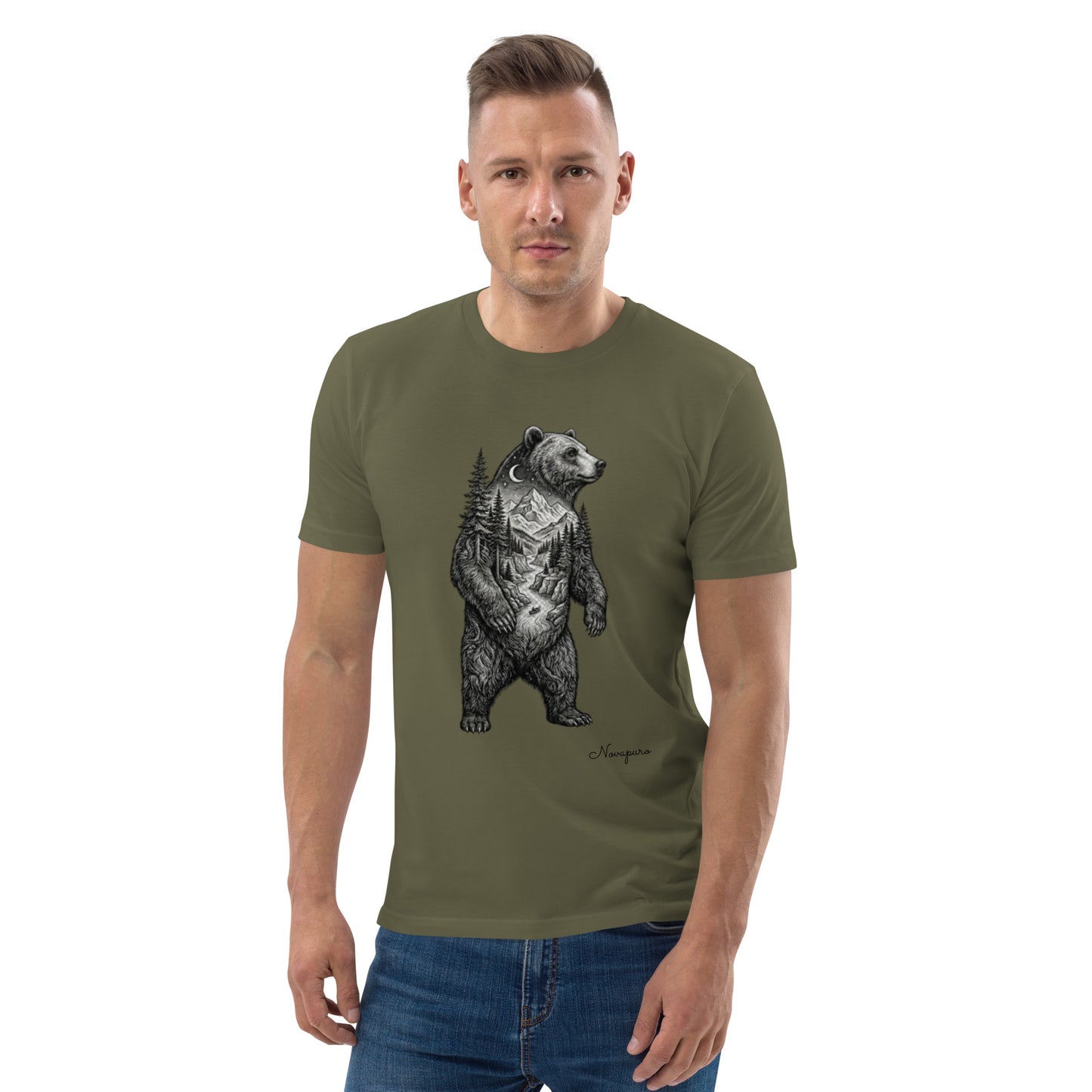 Novapuro Spirit Bear Organic Tee. Detailed double exposure illustration of a grizzly bear with a Nordic forest landscape inside. Premium sustainable 100% organic cotton t-shirt.