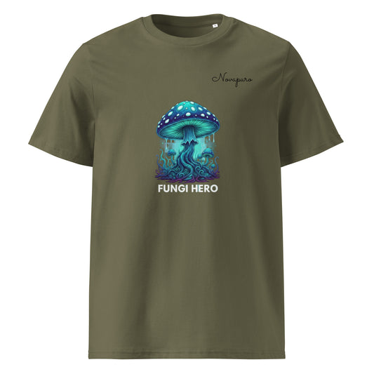 Khaki-colored organic cotton t-shirt featuring a glowing teal and blue mushroom graphic with the text "FUNGI HERO".