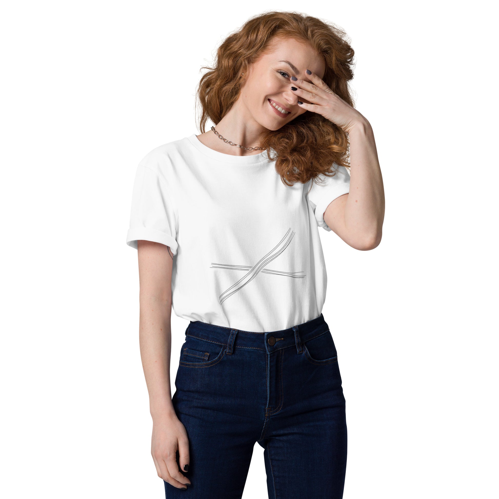 Novapuro Organic Tracks Premium Unisex Tee. Sustainable organic cotton t-shirt with minimalist nature tracks design. Eco-friendly Nordic fashion.