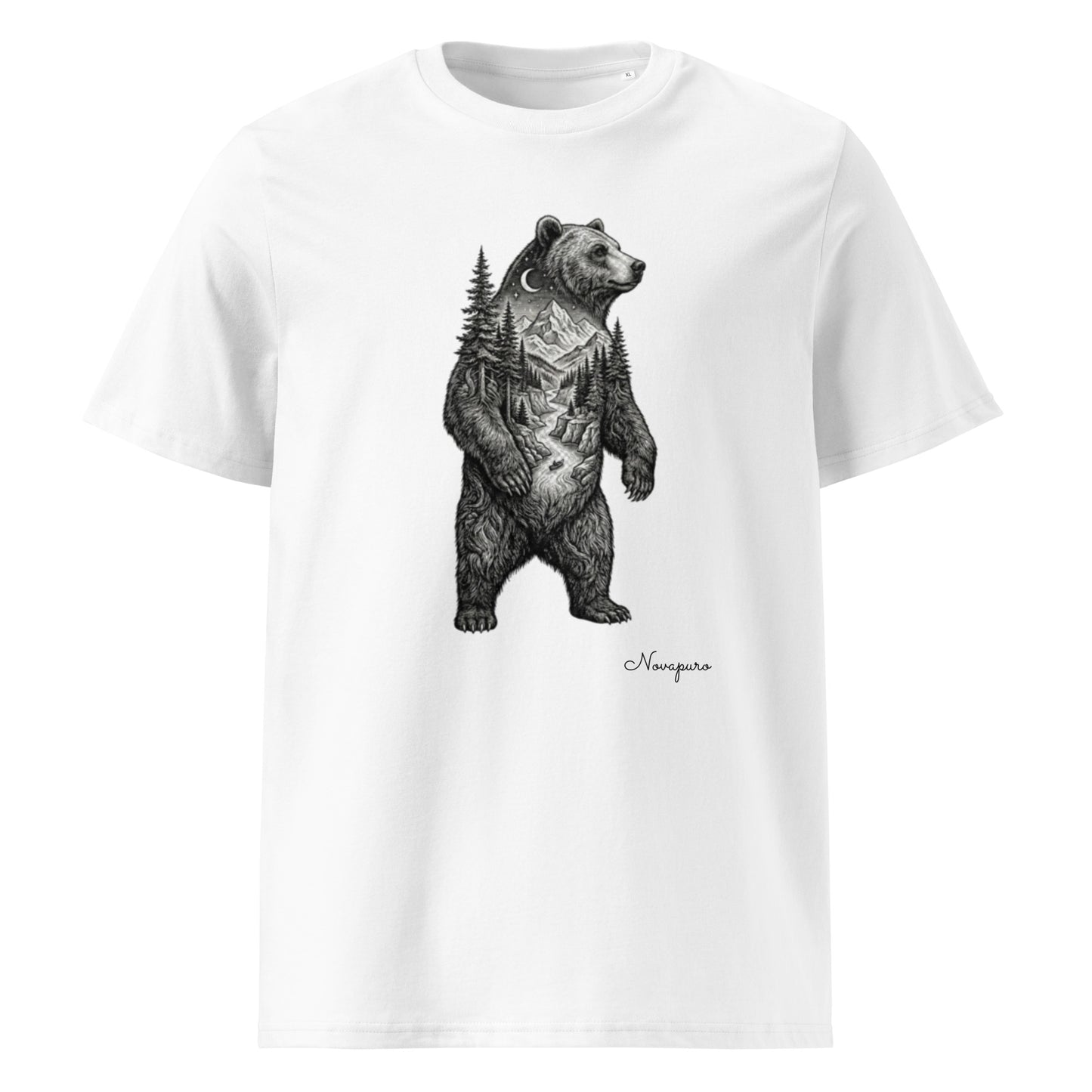 Novapuro Spirit Bear Organic Tee. Detailed double exposure illustration of a grizzly bear with a Nordic forest landscape inside. Premium sustainable 100% organic cotton t-shirt.