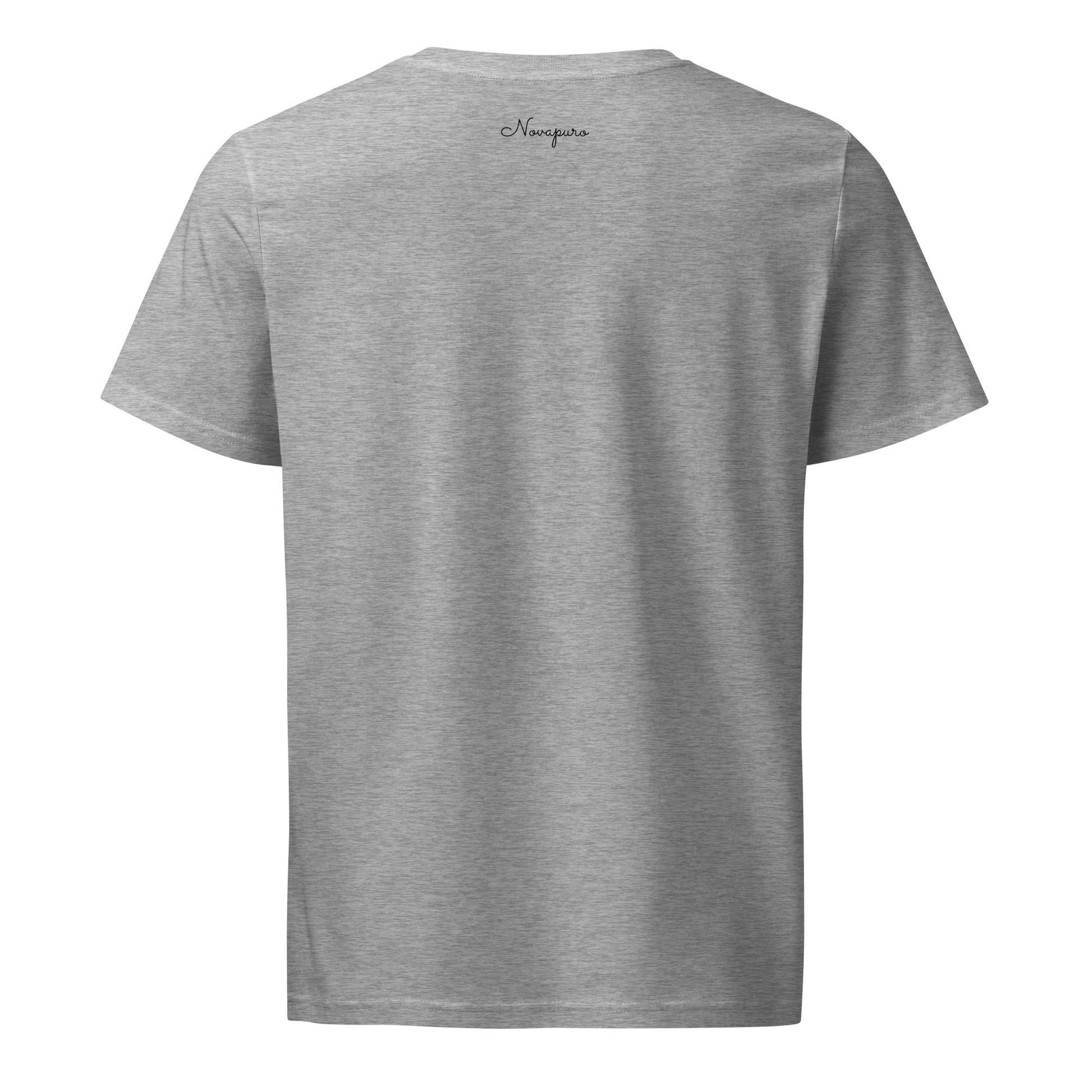 A person wearing a grey unisex 100% organic cotton t-shirt featuring a minimalist continuous line art illustration of a Nordic pine forest and mountains.