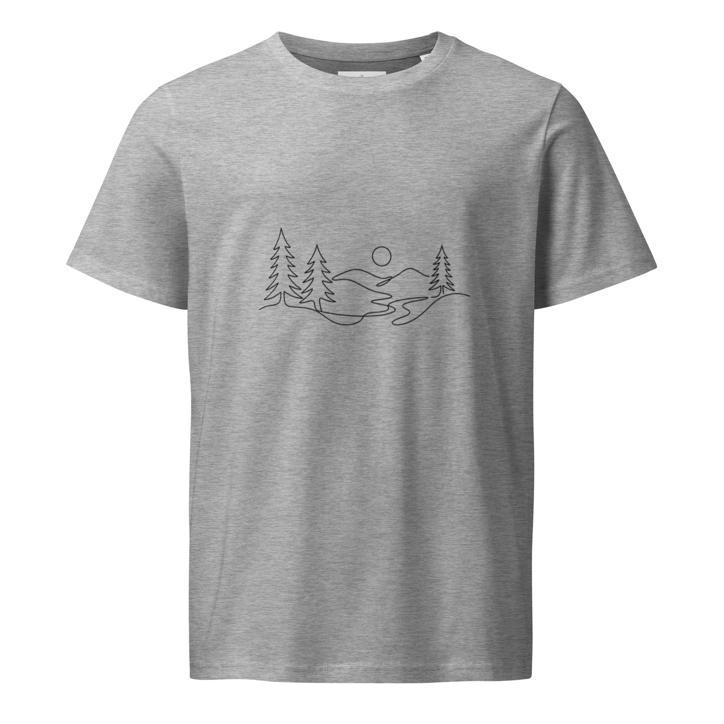 A person wearing a grey unisex 100% organic cotton t-shirt featuring a minimalist continuous line art illustration of a Nordic pine forest and mountains.