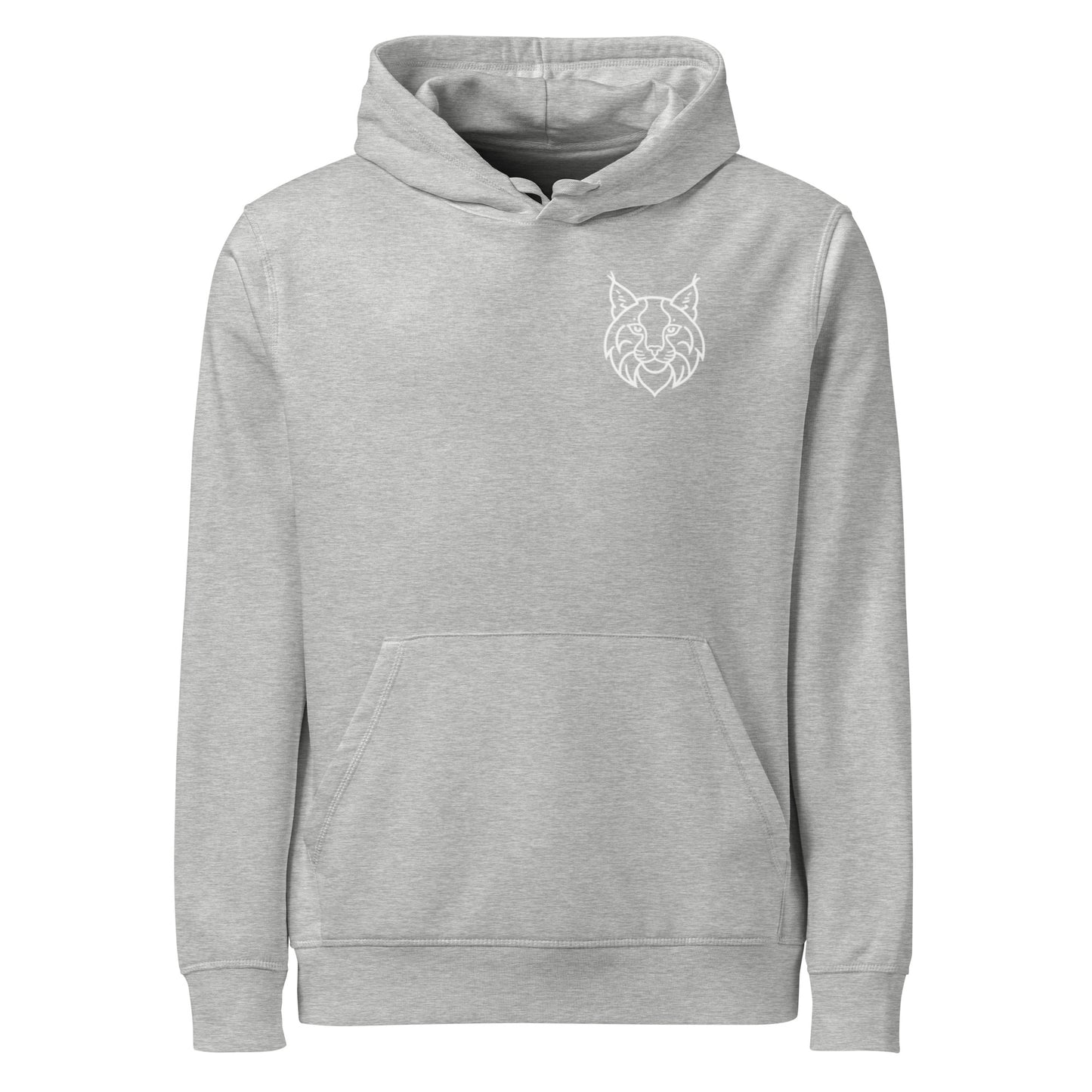 Heather grey Novapuro organic mid-weight hoodie featuring a subtle black Scandi-minimalist Lynx emblem on the chest