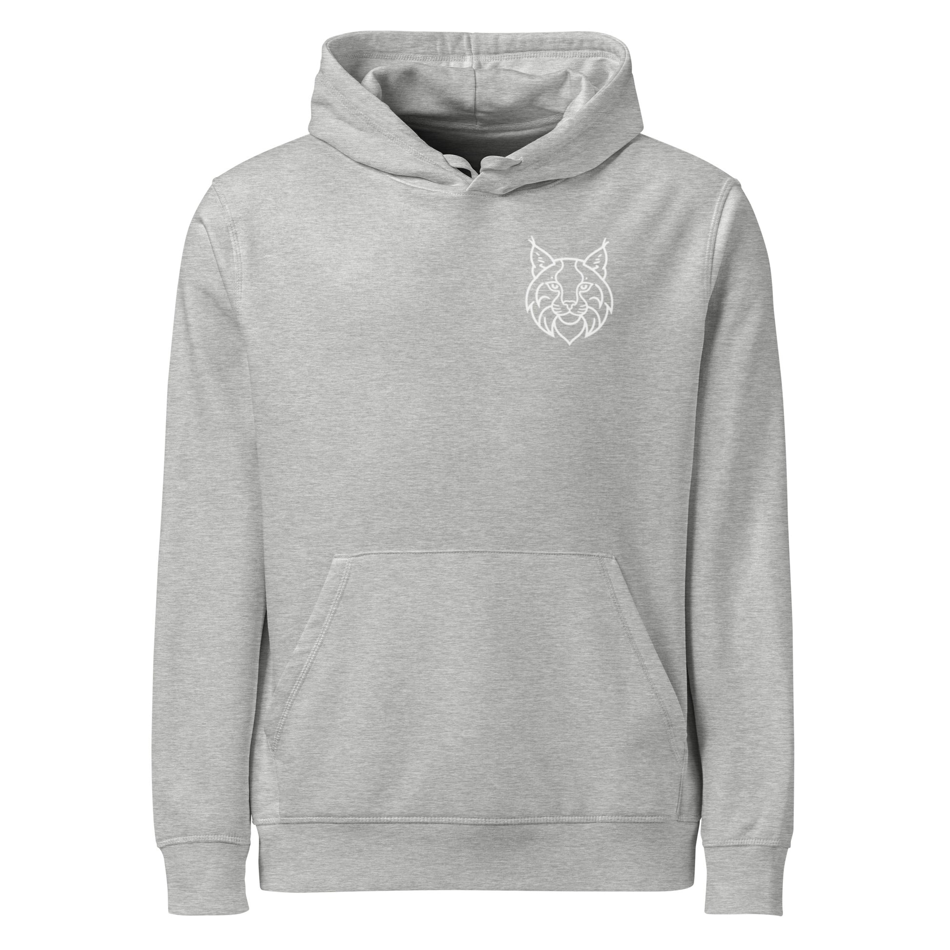 Heather grey Novapuro organic mid-weight hoodie featuring a subtle black Scandi-minimalist Lynx emblem on the chest