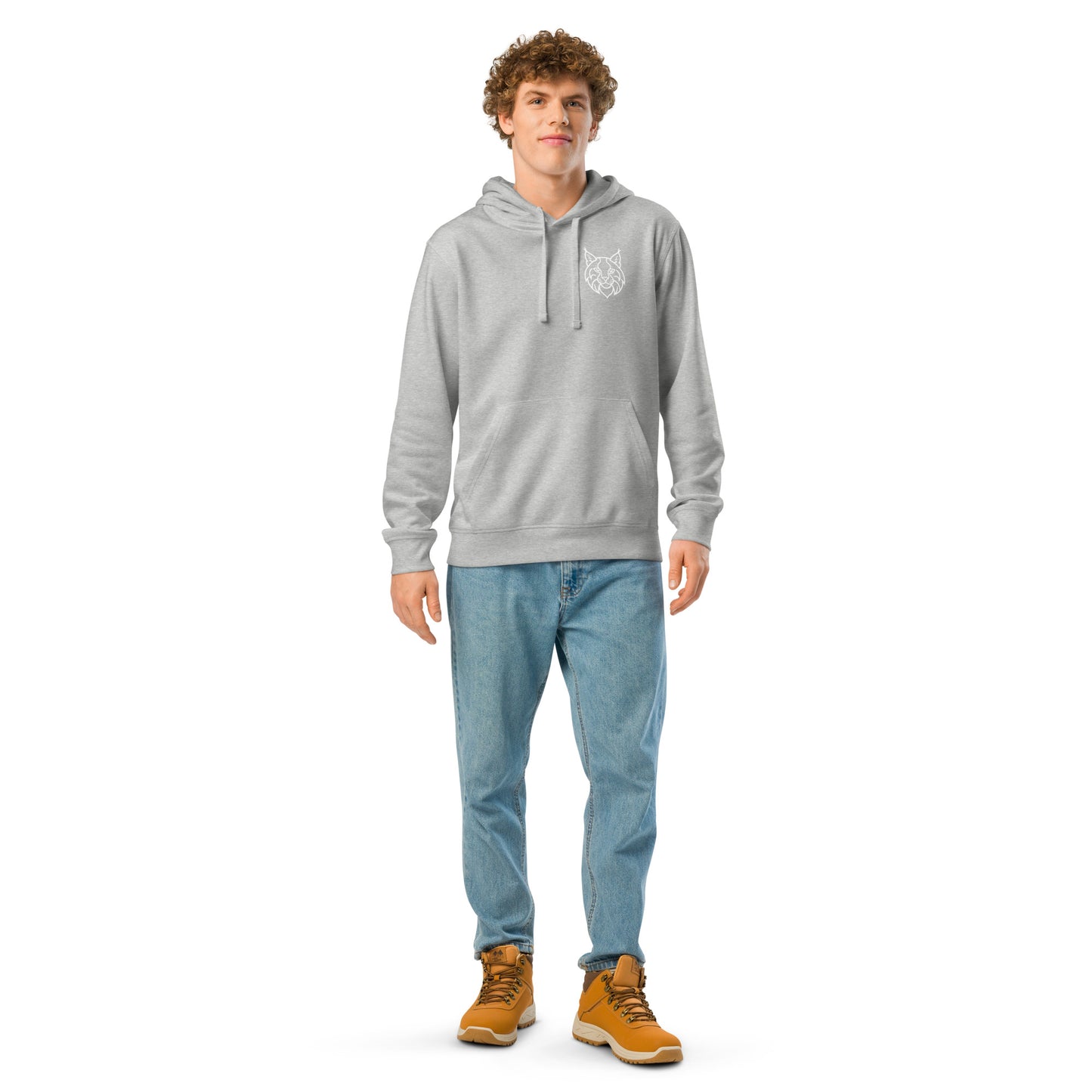 Man wearing a heather grey Novapuro organic cotton hoodie with a minimalist black Finnish Lynx line art logo on the left chest, full body studio shot