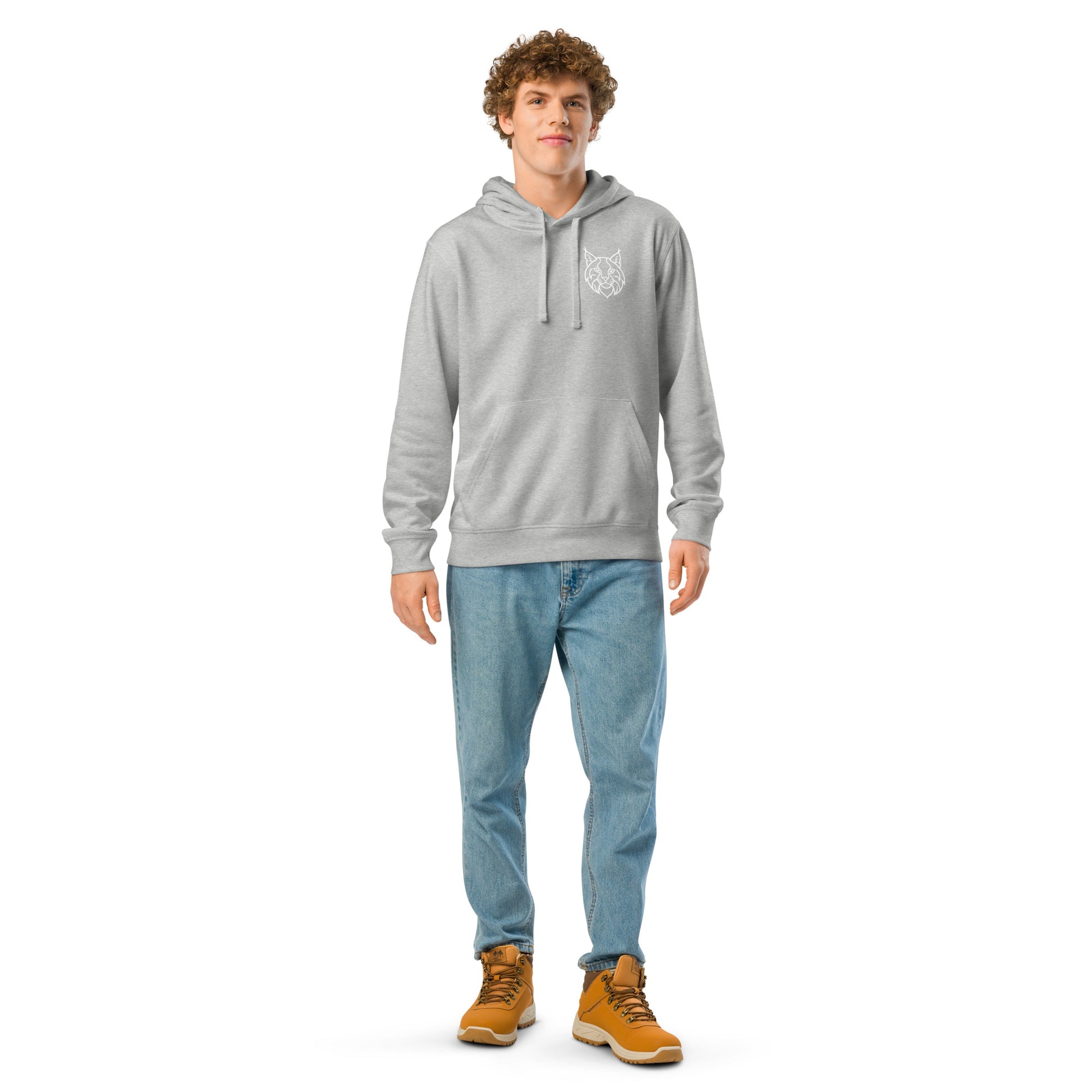 Man wearing a heather grey Novapuro organic cotton hoodie with a minimalist black Finnish Lynx line art logo on the left chest, full body studio shot
