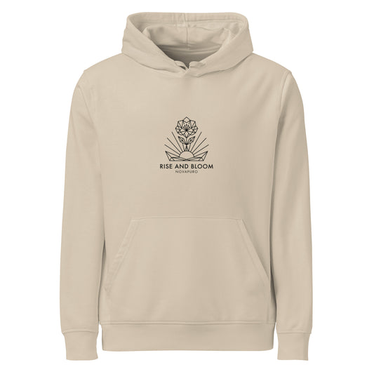 Minimalist line art of a blooming flower and sun with 'Rise and Bloom Novapuro' text on an earthy beige eco-friendly organic hoodie.