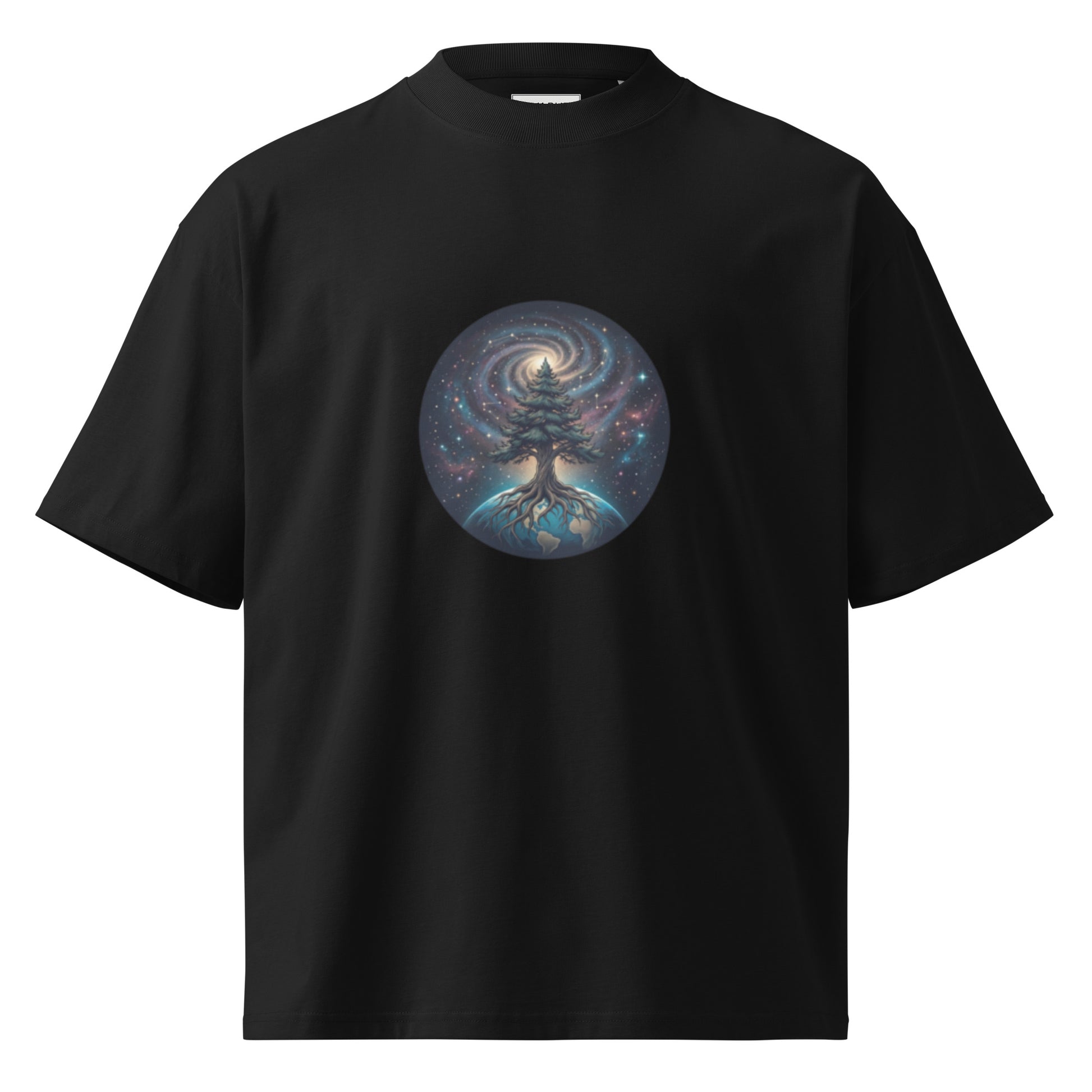 Black unisex organic oversized t-shirt featuring a detailed cosmic tree of life and galaxy illustration on the chest.