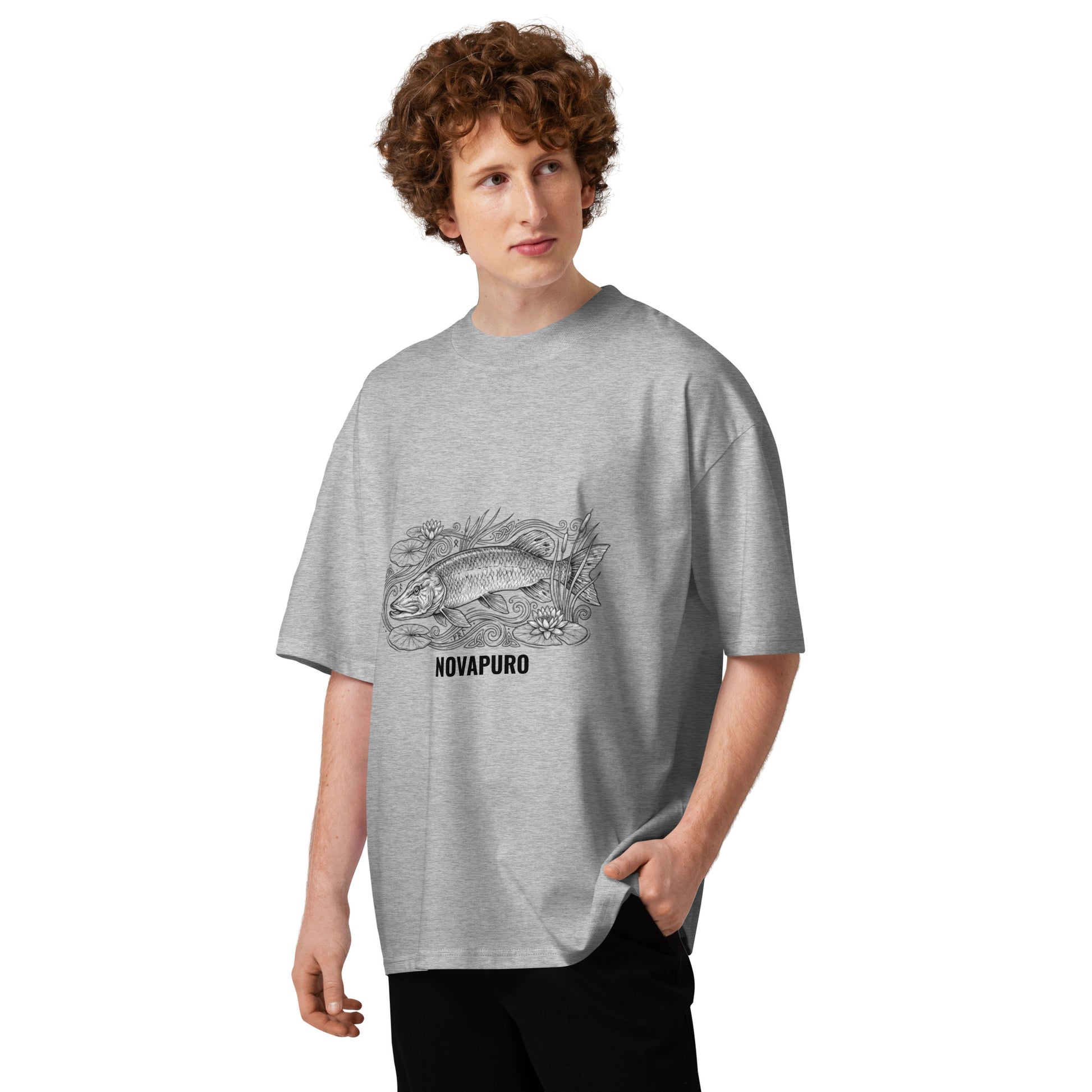 Novapuro oversized high neck t-shirt in grey with large Northern Pike graphic on the front. Organic cotton streetwear.