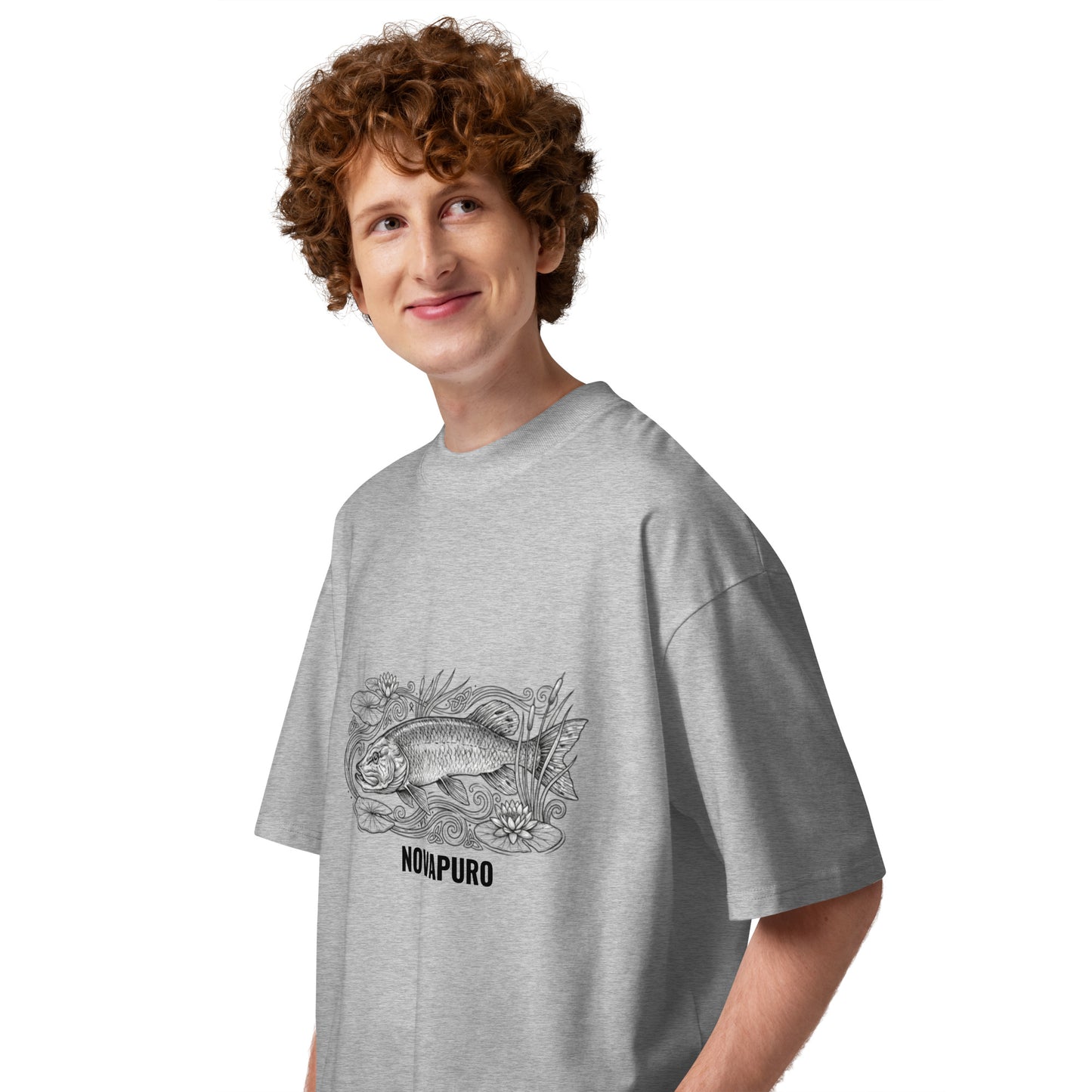 Novapuro oversized high neck t-shirt in grey with large Northern Pike graphic on the front. Organic cotton streetwear.