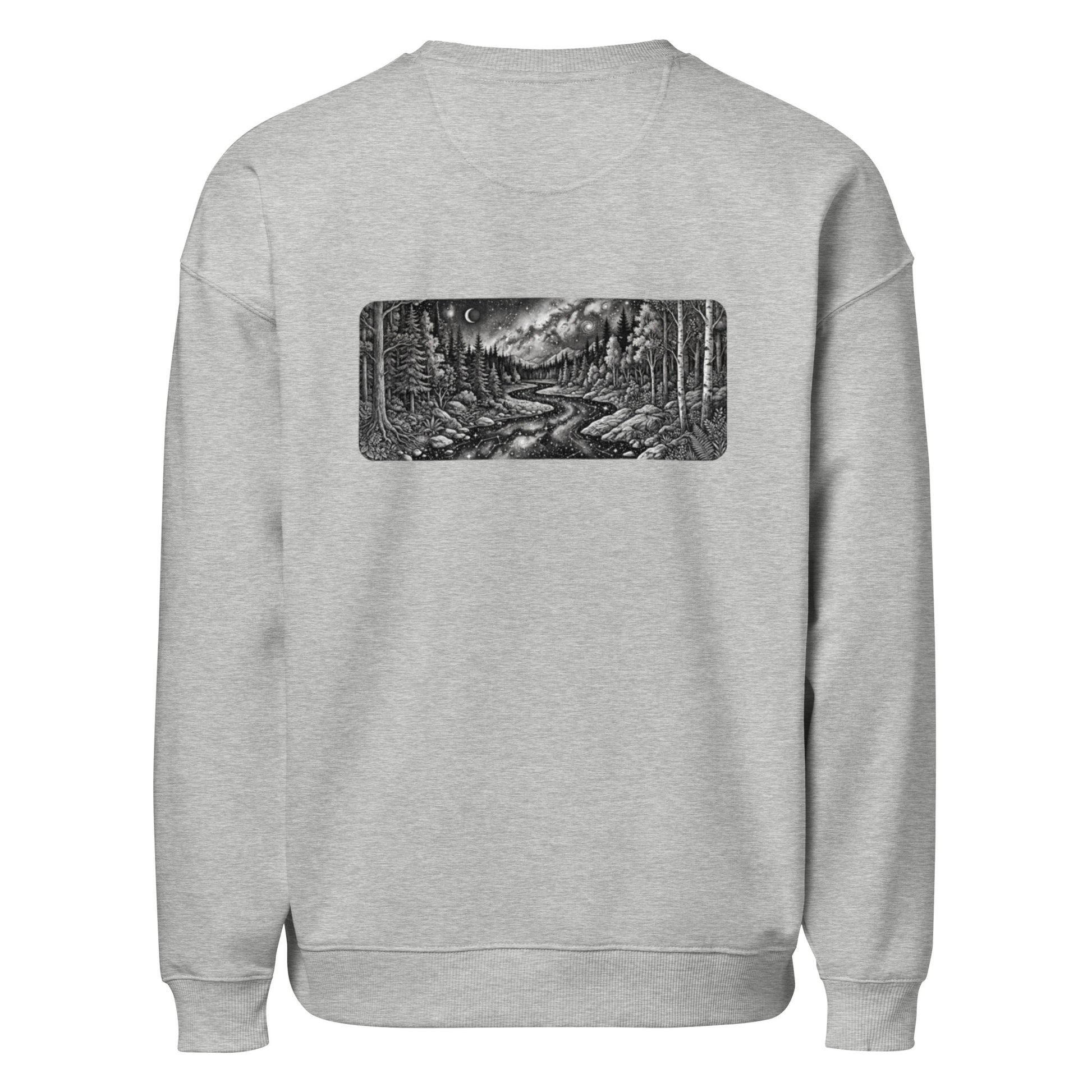 Flat lay back view of the Cosmic Wilderness organic sweatshirt highlighting the intricate nature graphic.