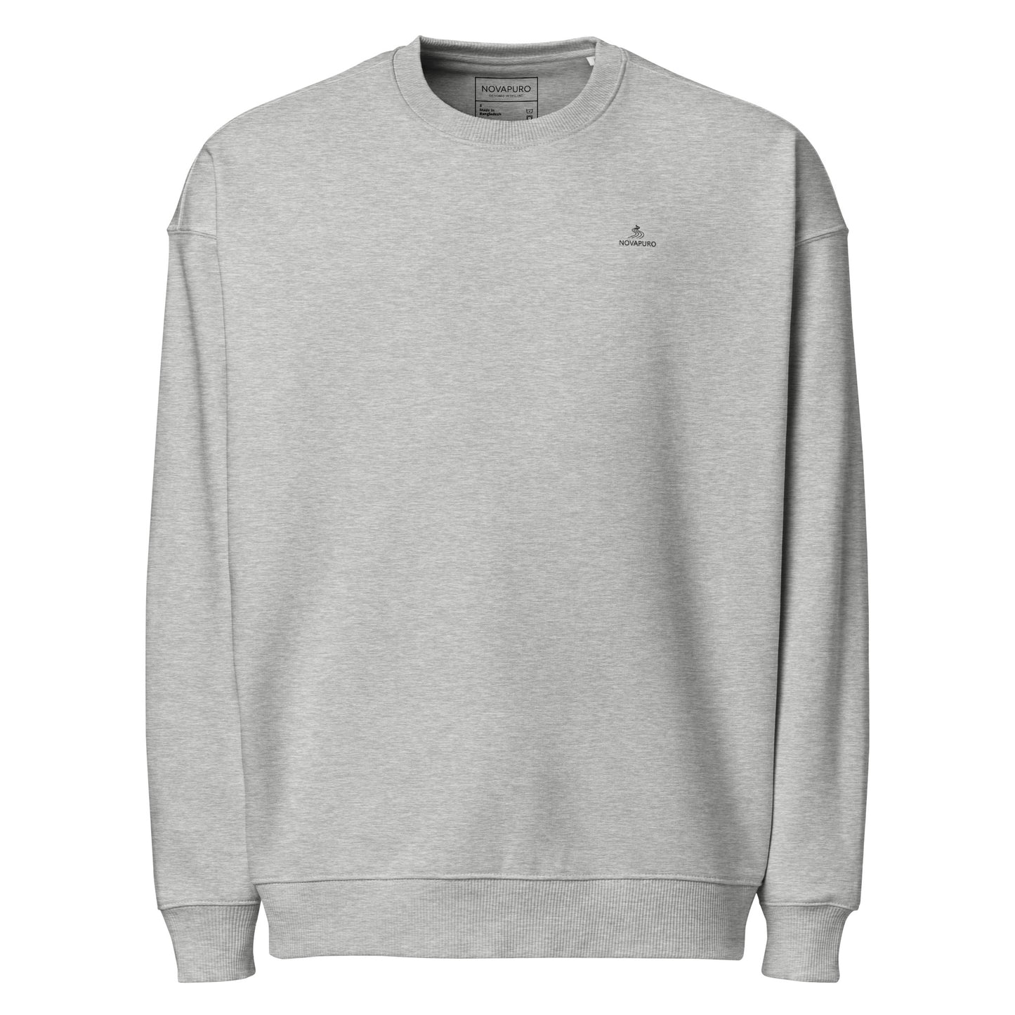 Flat lay front view of the sustainable grey oversized organic sweatshirt from Novapuro.