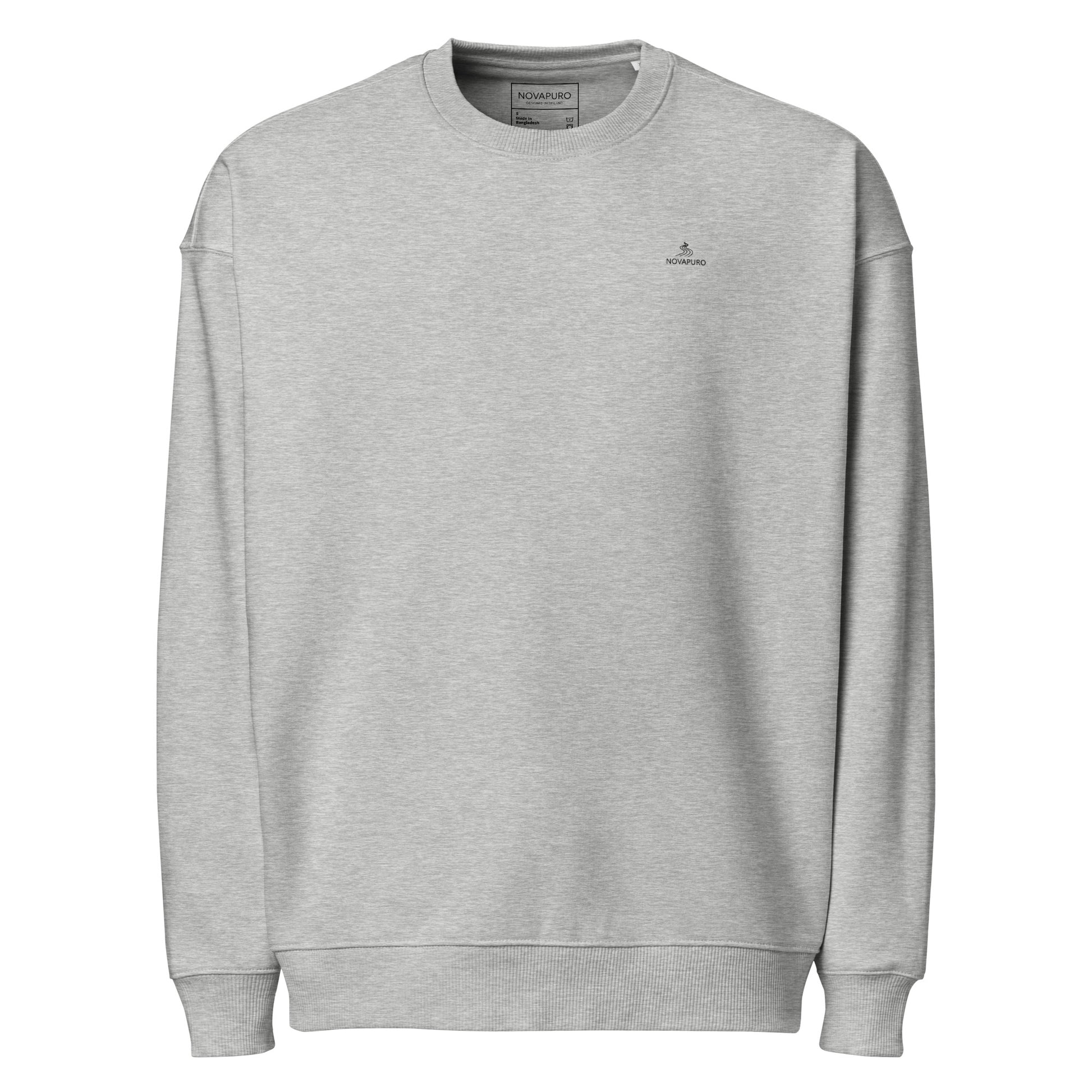 Flat lay front view of the sustainable grey oversized organic sweatshirt from Novapuro.