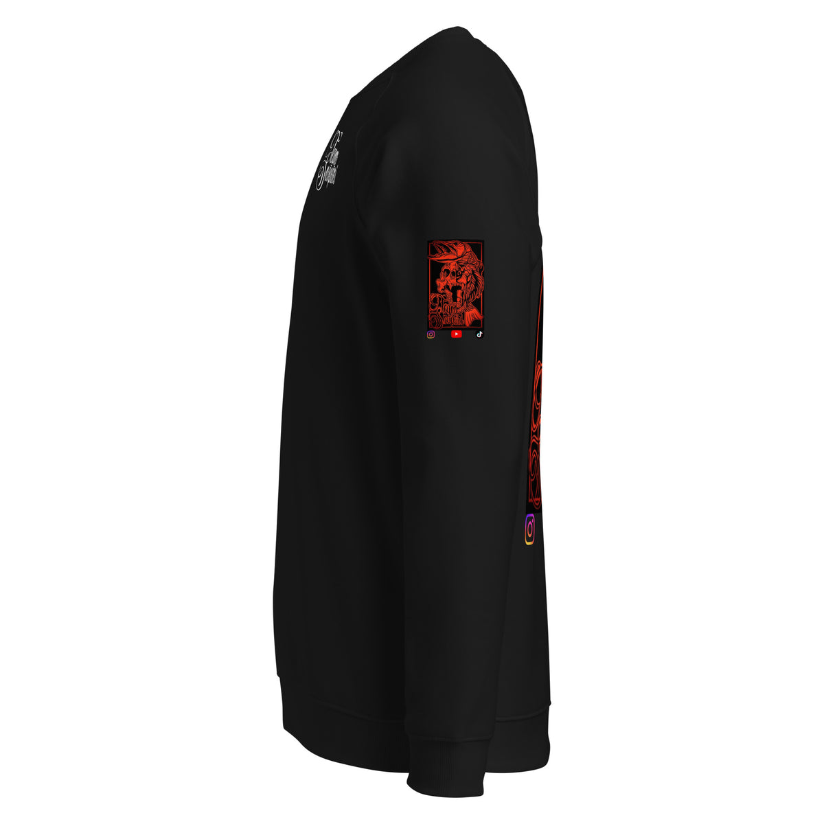 Side view of the black Team Snöpäri raglan sweatshirt showing the smooth organic cotton exterior and sleeve fit.   