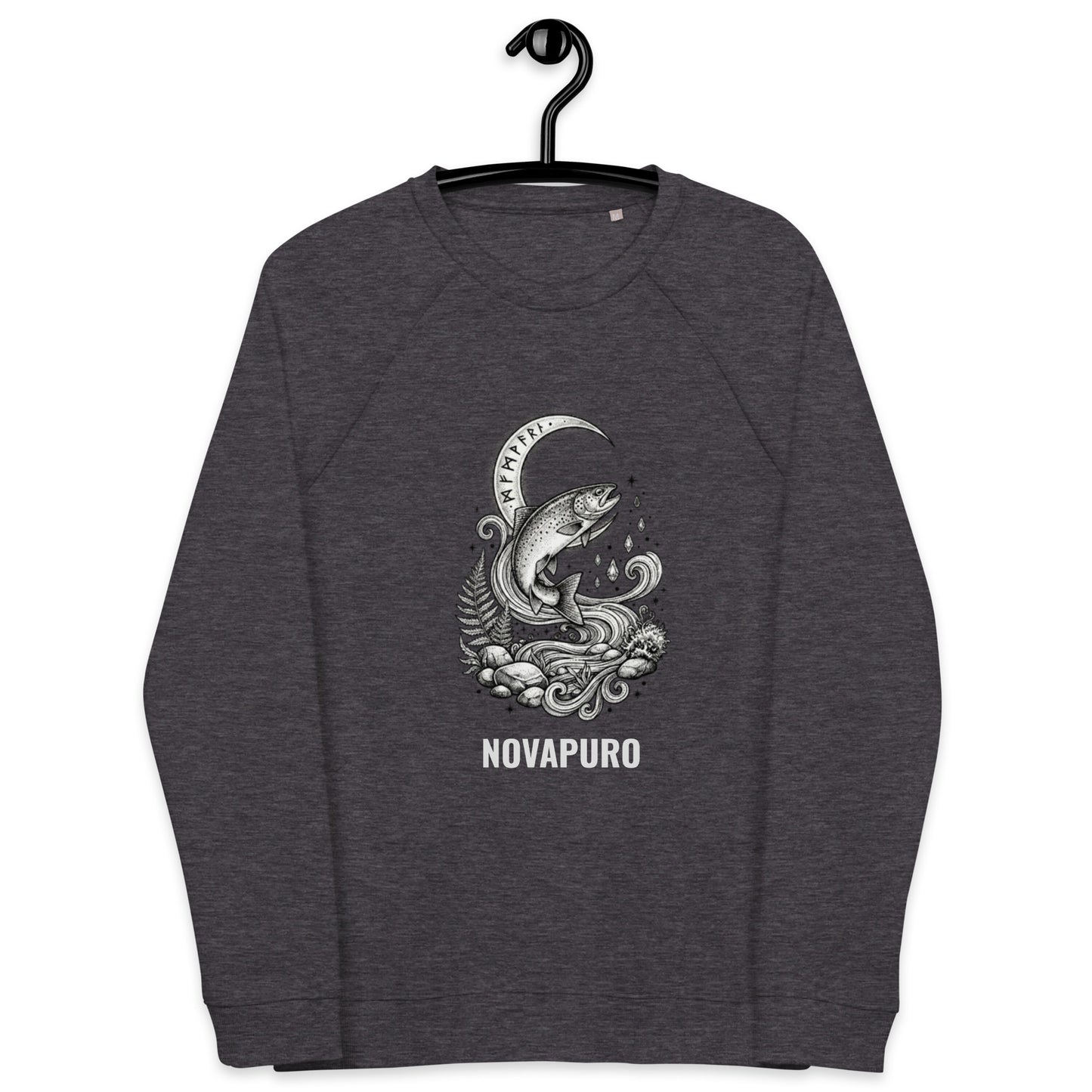 White organic raglan sweatshirt featuring a detailed black and white illustration of a jumping trout fish surrounded by water waves and a runic arch. Novapuro logo text below the graphic.