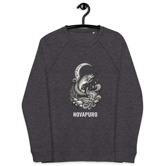 White organic raglan sweatshirt featuring a detailed black and white illustration of a jumping trout fish surrounded by water waves and a runic arch. Novapuro logo text below the graphic.