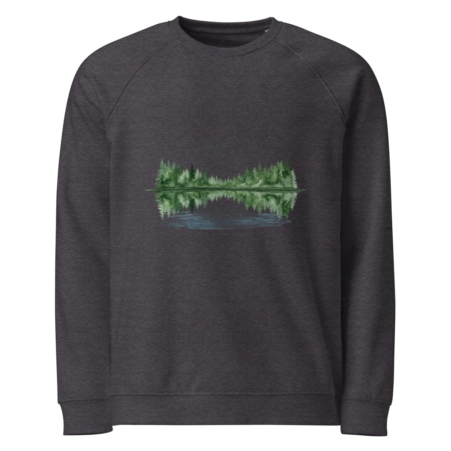 Charcoal Melange Serene Lake organic raglan sweatshirt featuring a peaceful Nordic forest and lake design.