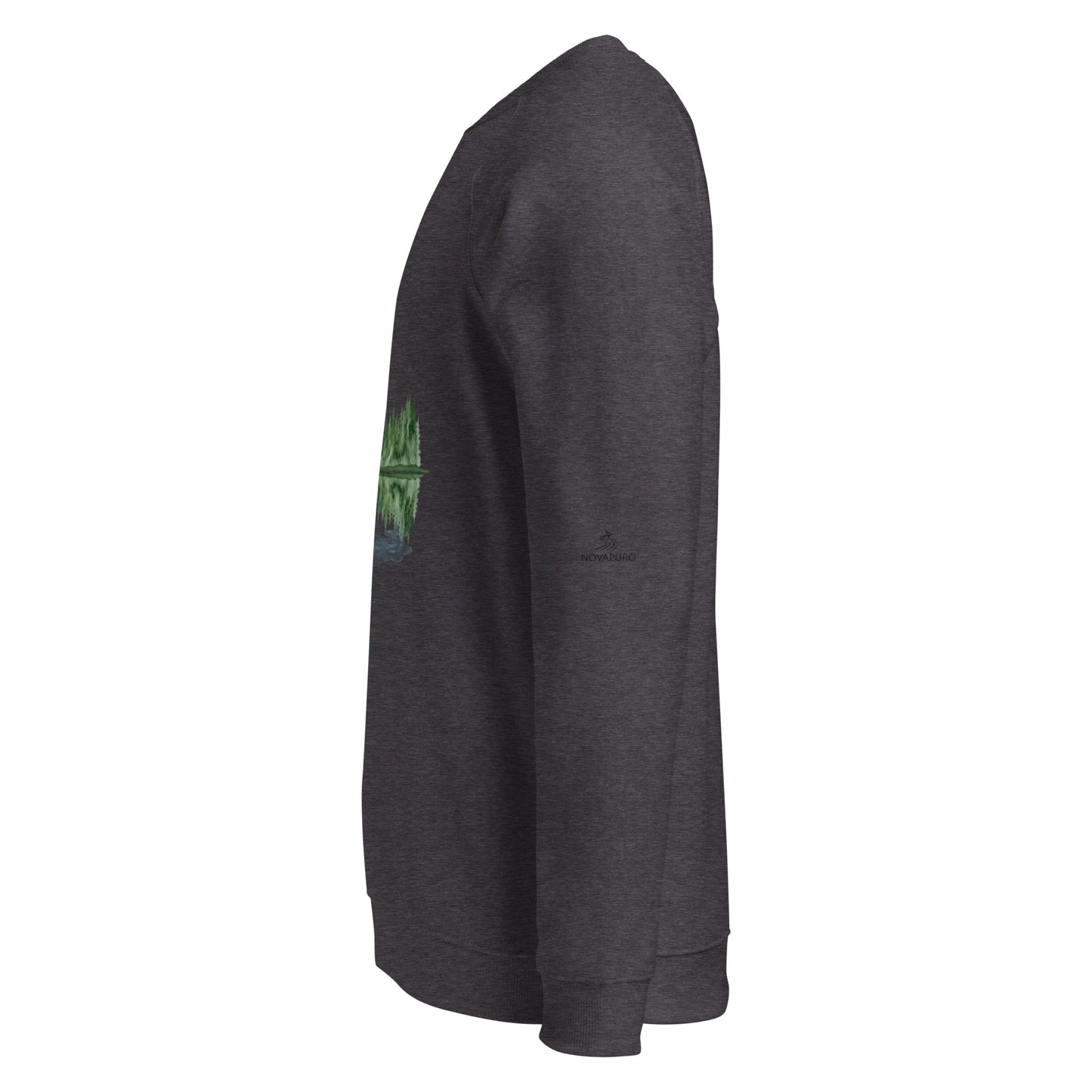 Charcoal Melange Serene Lake organic raglan sweatshirt featuring a peaceful Nordic forest and lake design.