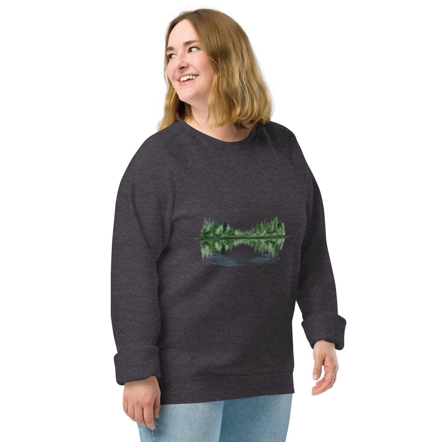 Charcoal Melange Serene Lake organic raglan sweatshirt featuring a peaceful Nordic forest and lake design.