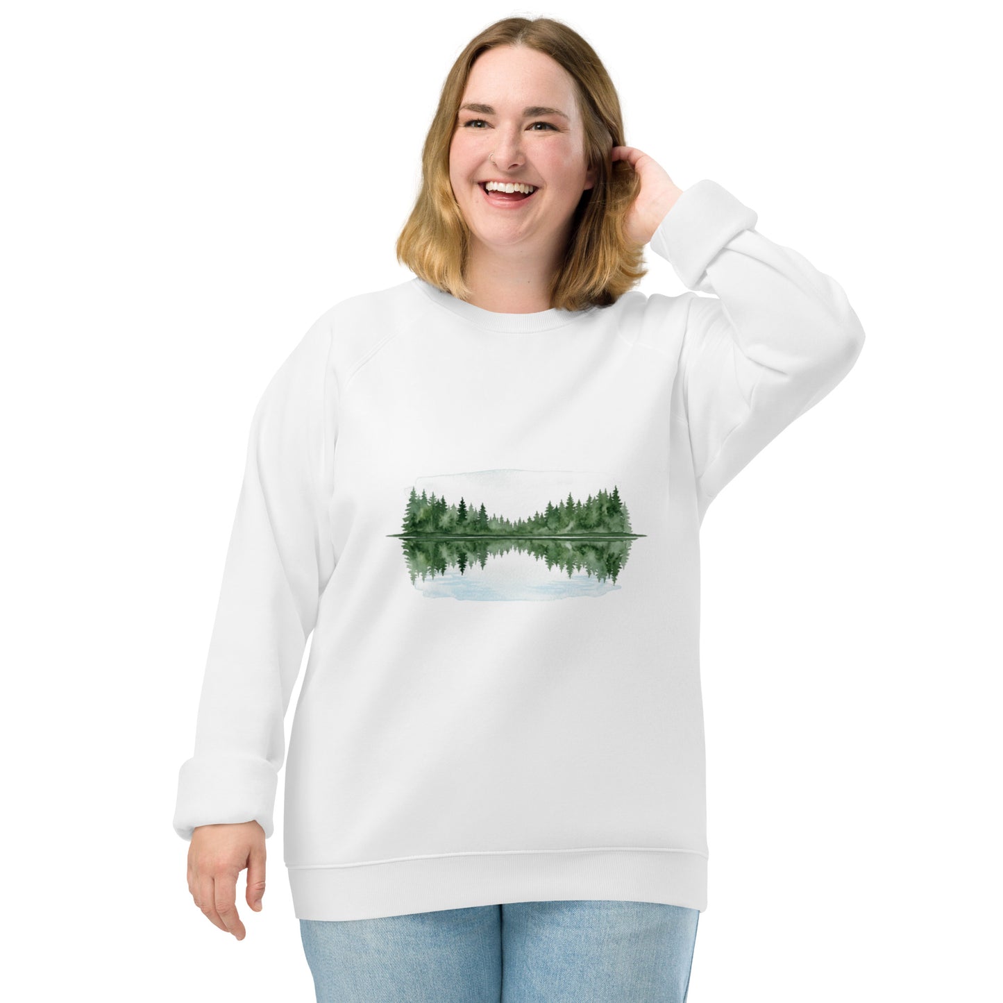 White Serene Lake organic raglan sweatshirt with a minimalist Nordic summer lake landscape print.