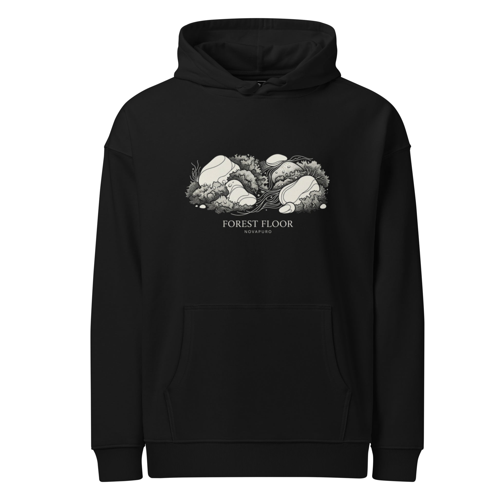 A black premium organic relaxed hoodie featuring a textured white illustration of Nordic forest moss and stones with the text Forest Floor Novapuro.